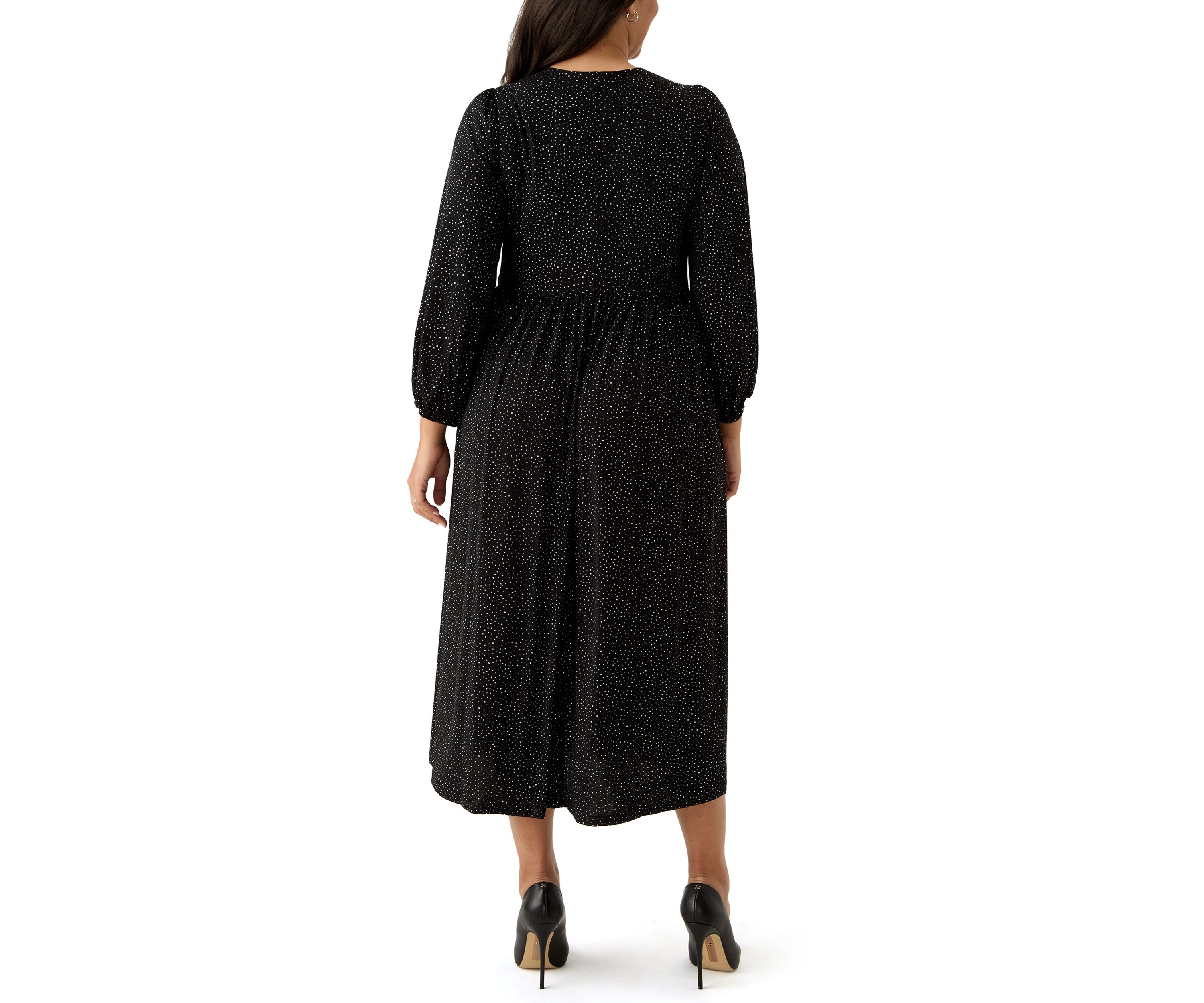 Plus Size Long Sleeve V-Neck Solid Glitter Knit Fit and Flare Dress