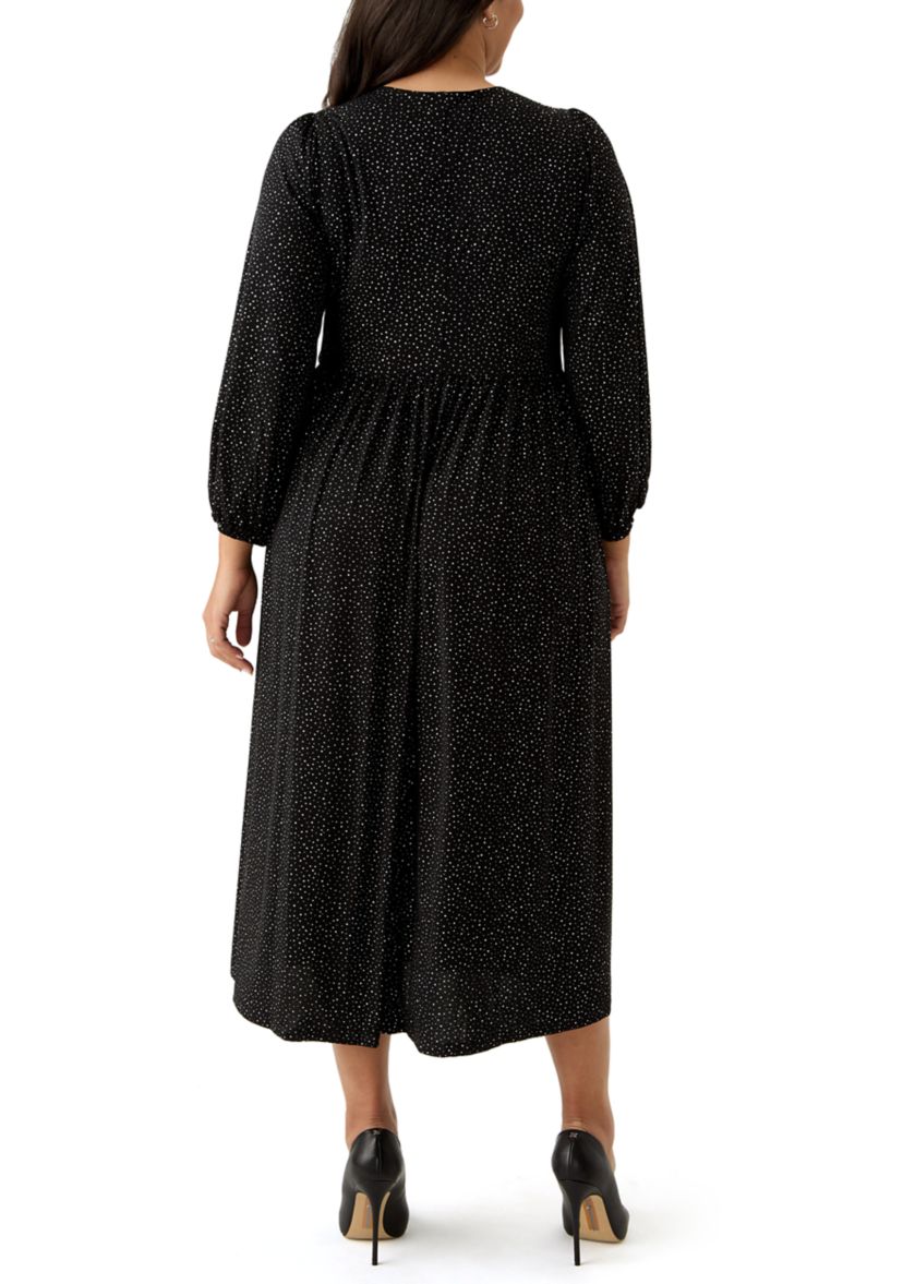 Plus Size Long Sleeve V-Neck Solid Glitter Knit Fit and Flare Dress