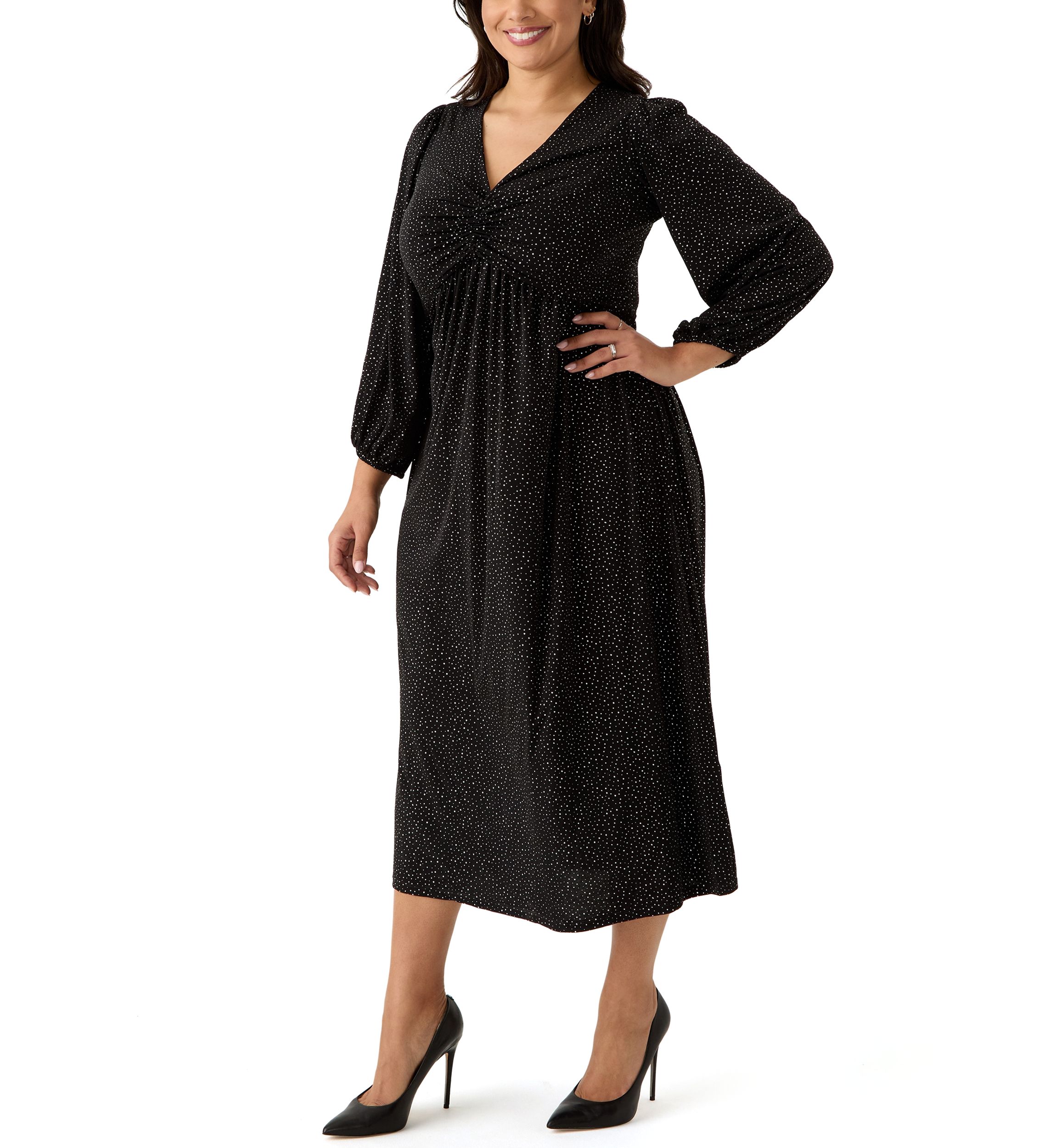 Plus Size Long Sleeve V-Neck Solid Glitter Knit Fit and Flare Dress