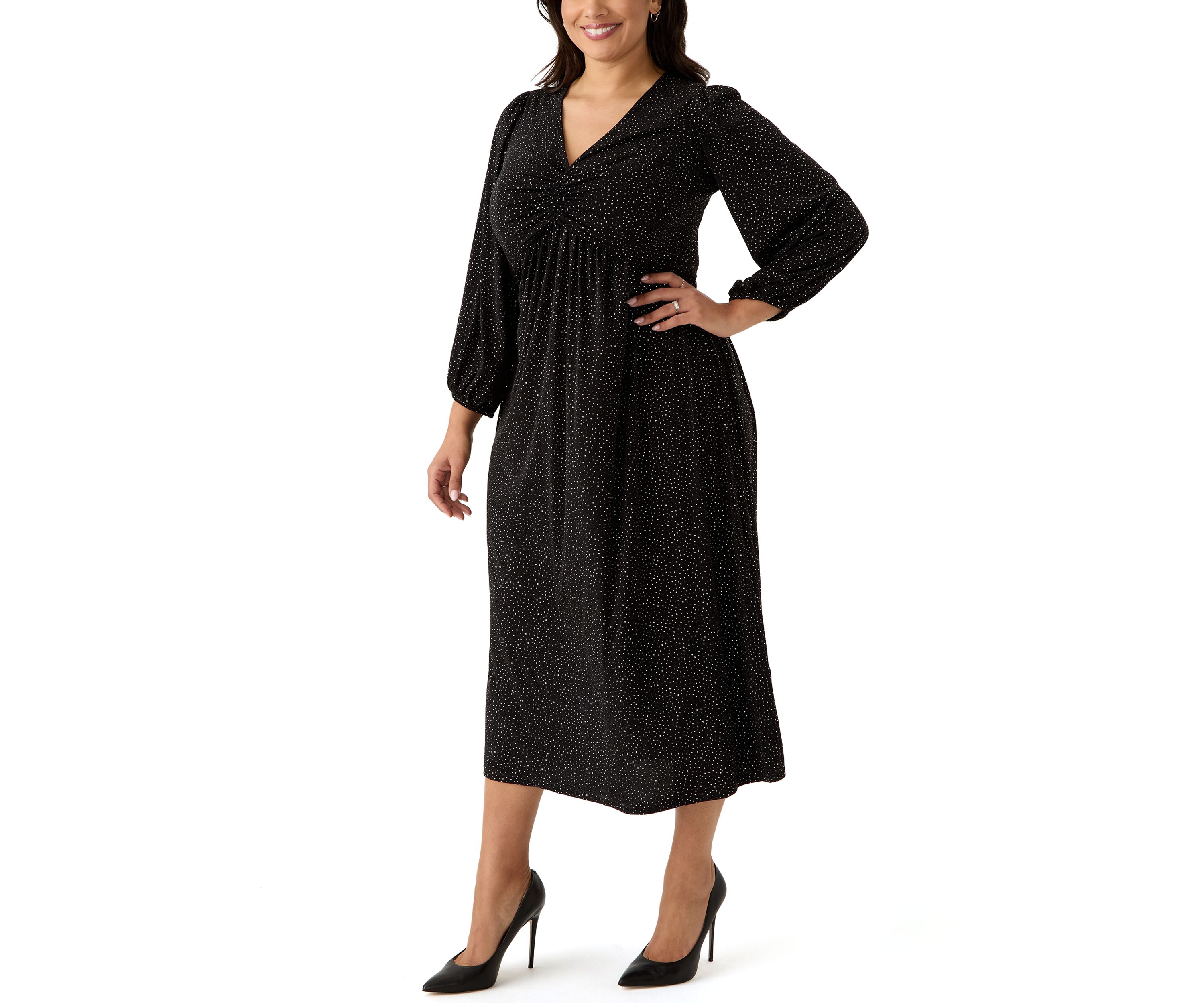 Plus Size Long Sleeve V-Neck Solid Glitter Knit Fit and Flare Dress