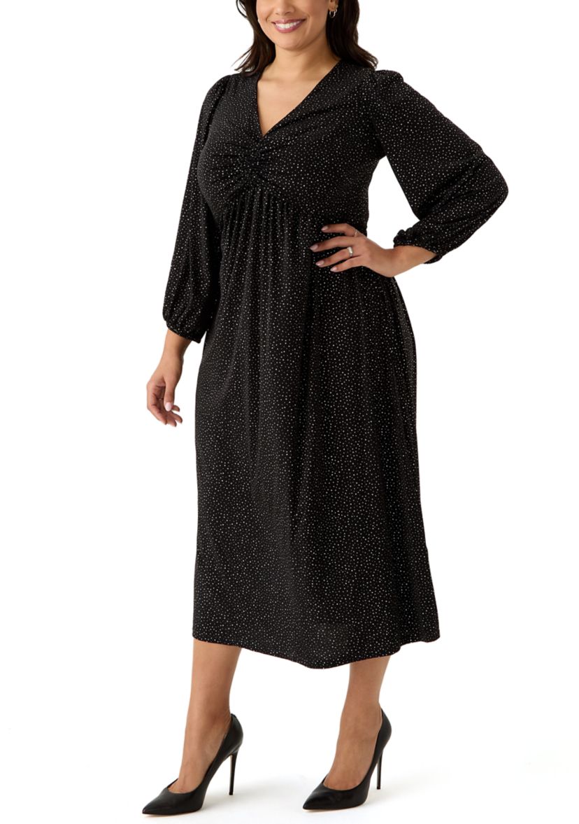 Plus Size Long Sleeve V-Neck Solid Glitter Knit Fit and Flare Dress