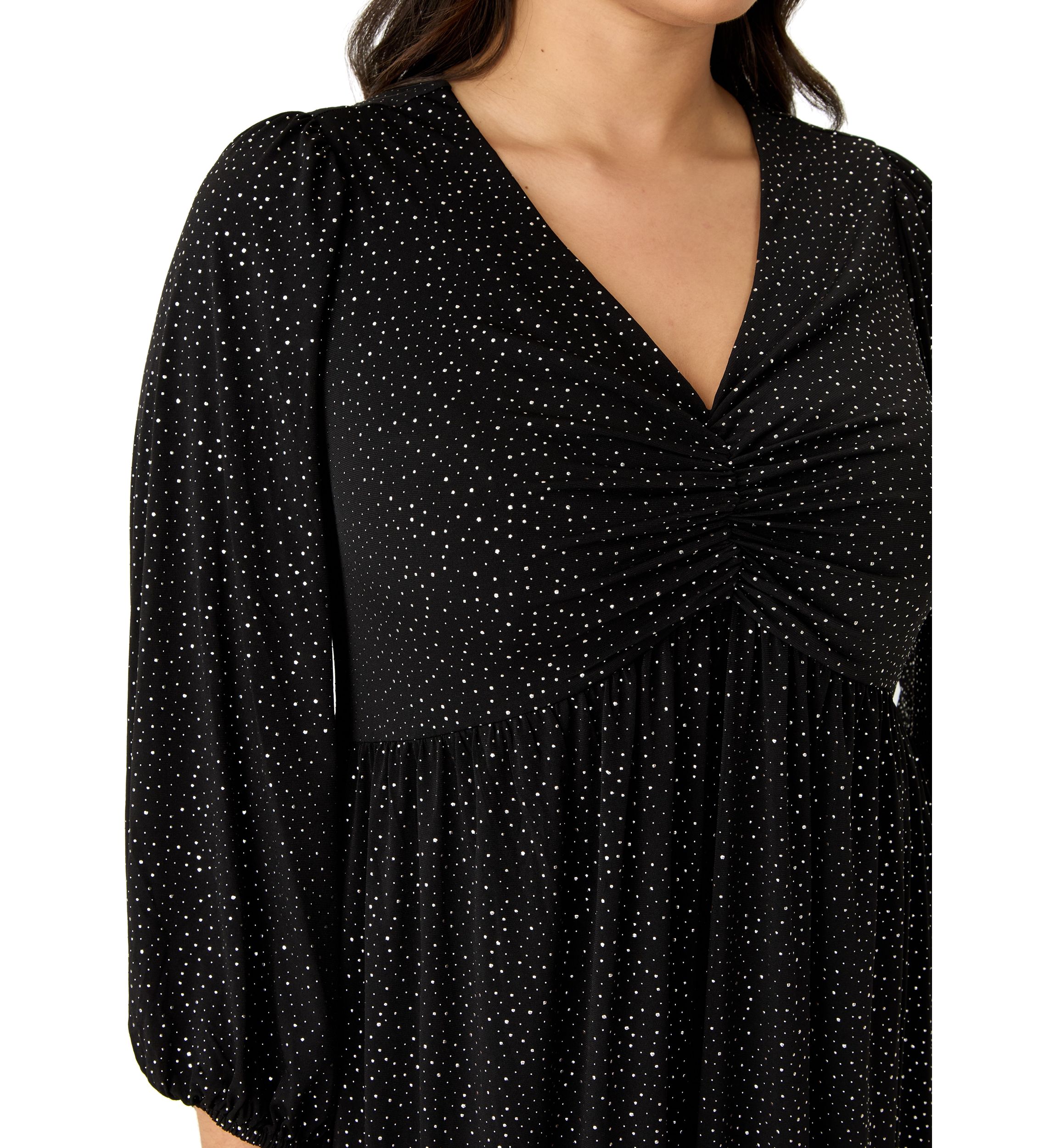 Plus Size Long Sleeve V-Neck Solid Glitter Knit Fit and Flare Dress