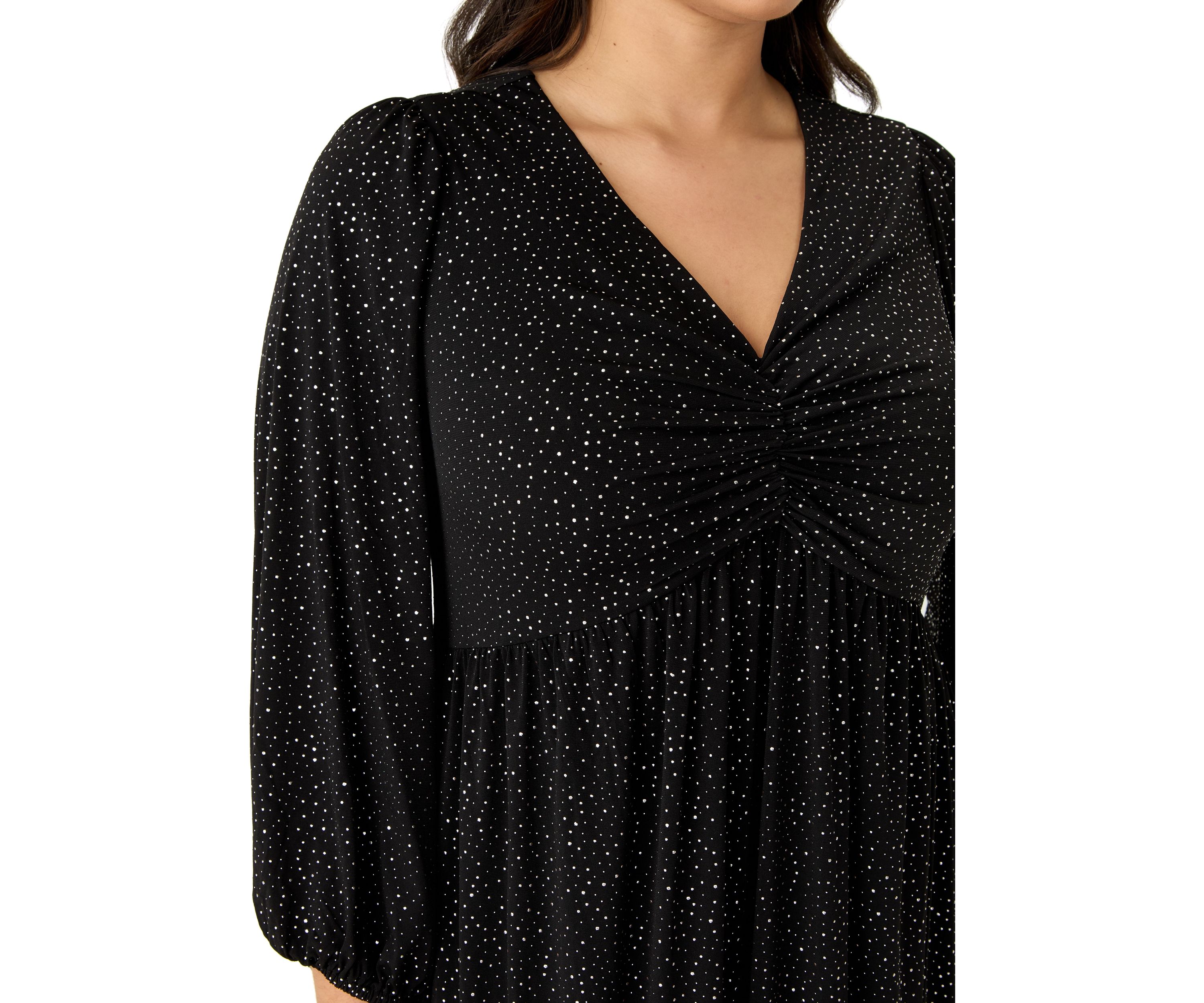 Plus Size Long Sleeve V-Neck Solid Glitter Knit Fit and Flare Dress