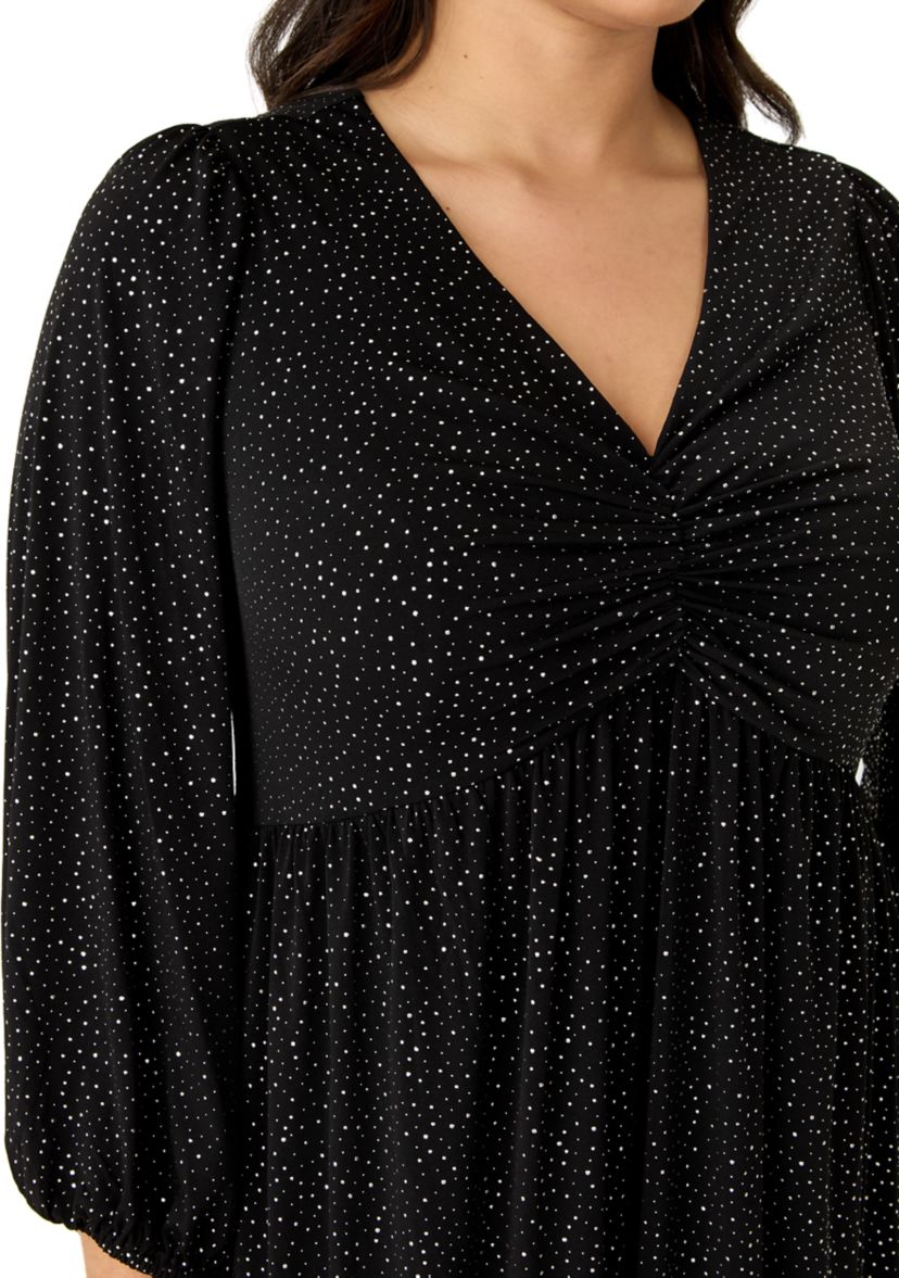 Plus Size Long Sleeve V-Neck Solid Glitter Knit Fit and Flare Dress