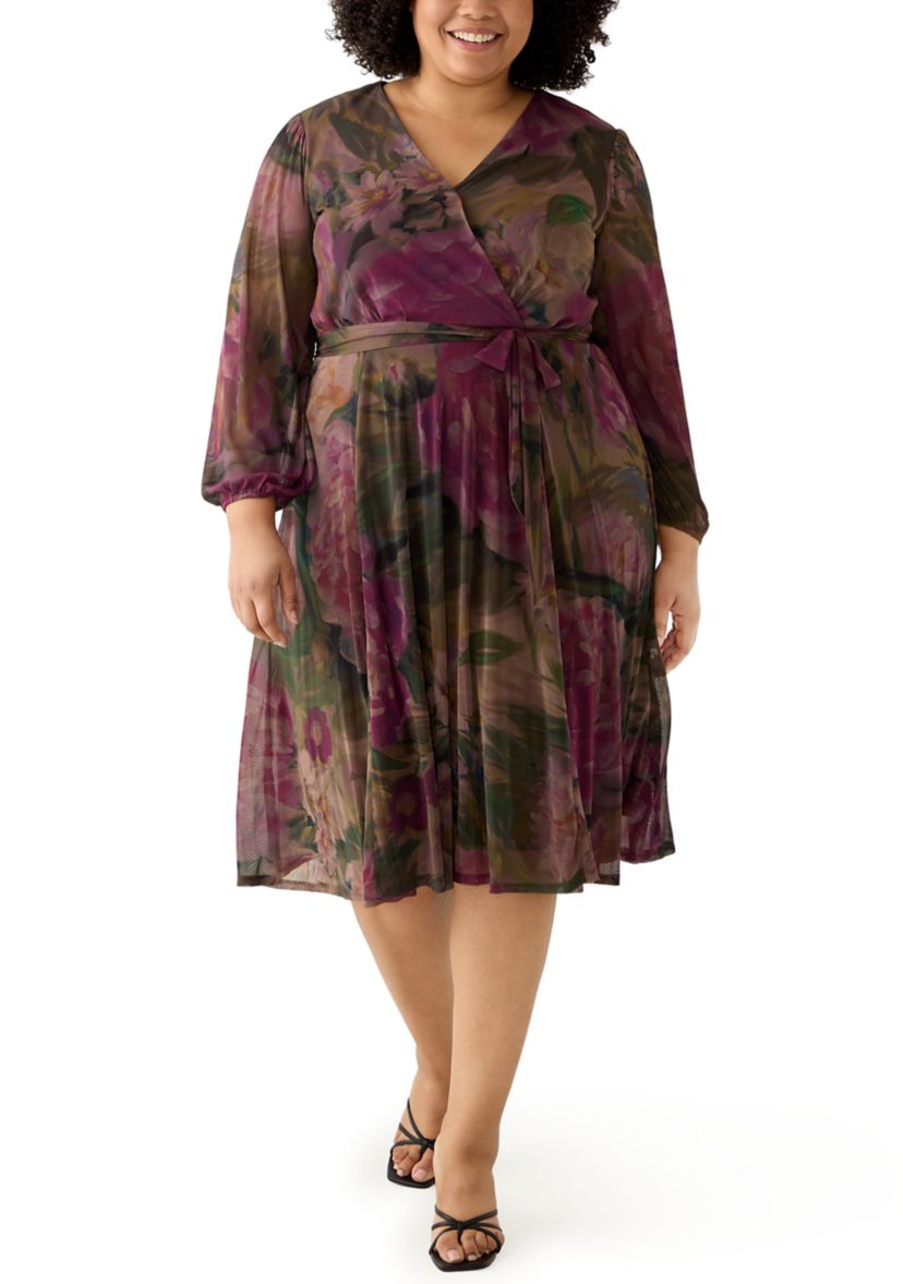 Plus Size Long Sleeve Mesh Tie Front Midi Dress
