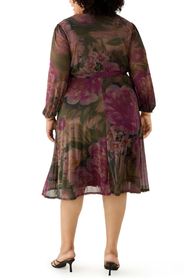 Plus Size Long Sleeve Mesh Tie Front Midi Dress