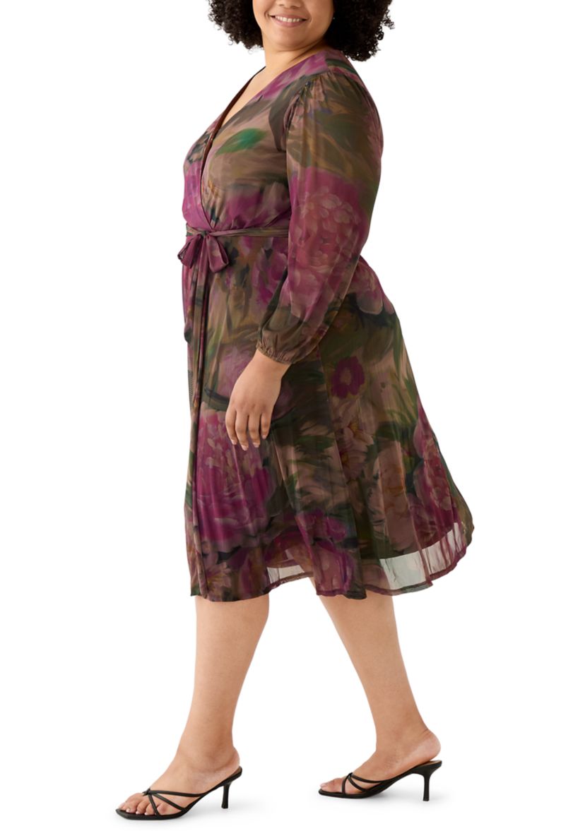 Plus Size Long Sleeve Mesh Tie Front Midi Dress
