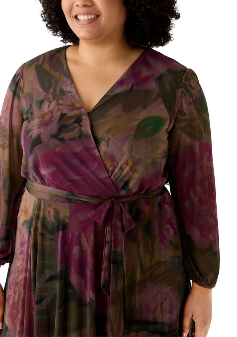 Plus Size Long Sleeve Mesh Tie Front Midi Dress