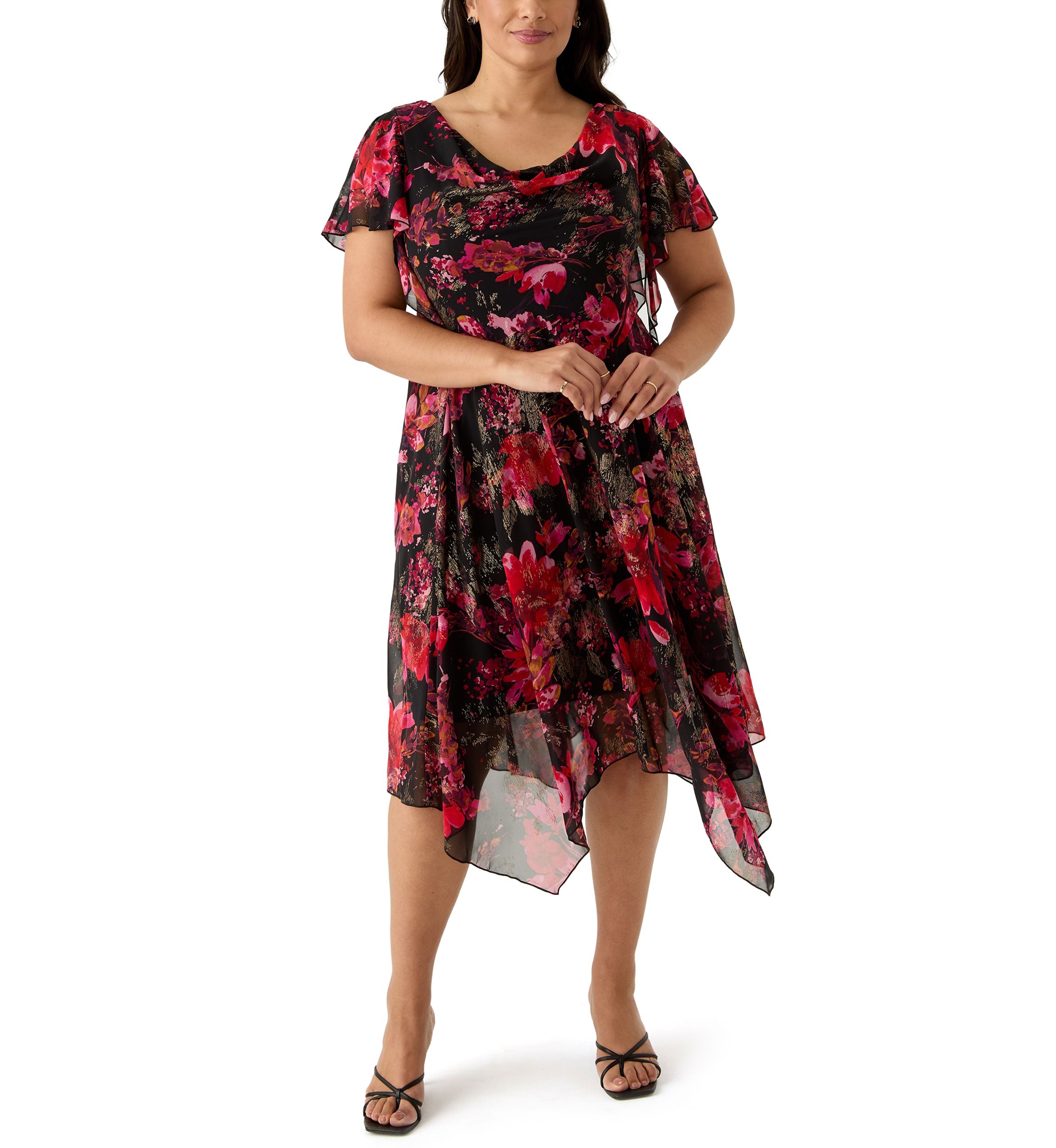Plus Size Short Sleeve Cowl Neck Printed Chiffon A-Line Dress