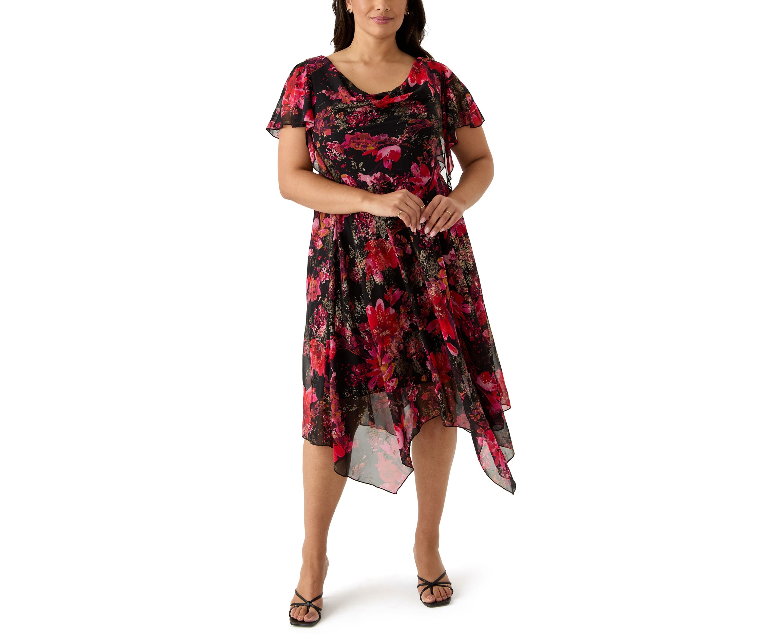 Plus Size Short Sleeve Cowl Neck Printed Chiffon A-Line Dress