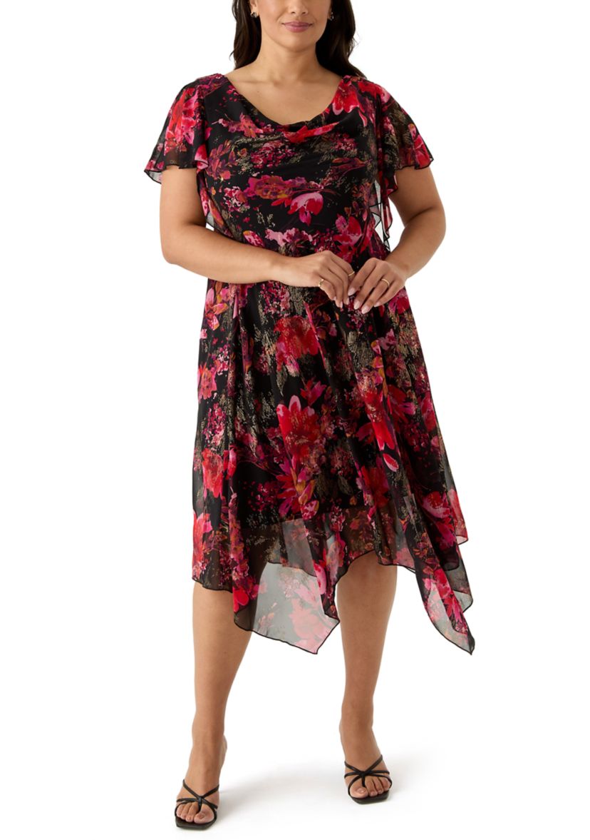 Plus Size Short Sleeve Cowl Neck Printed Chiffon A-Line Dress