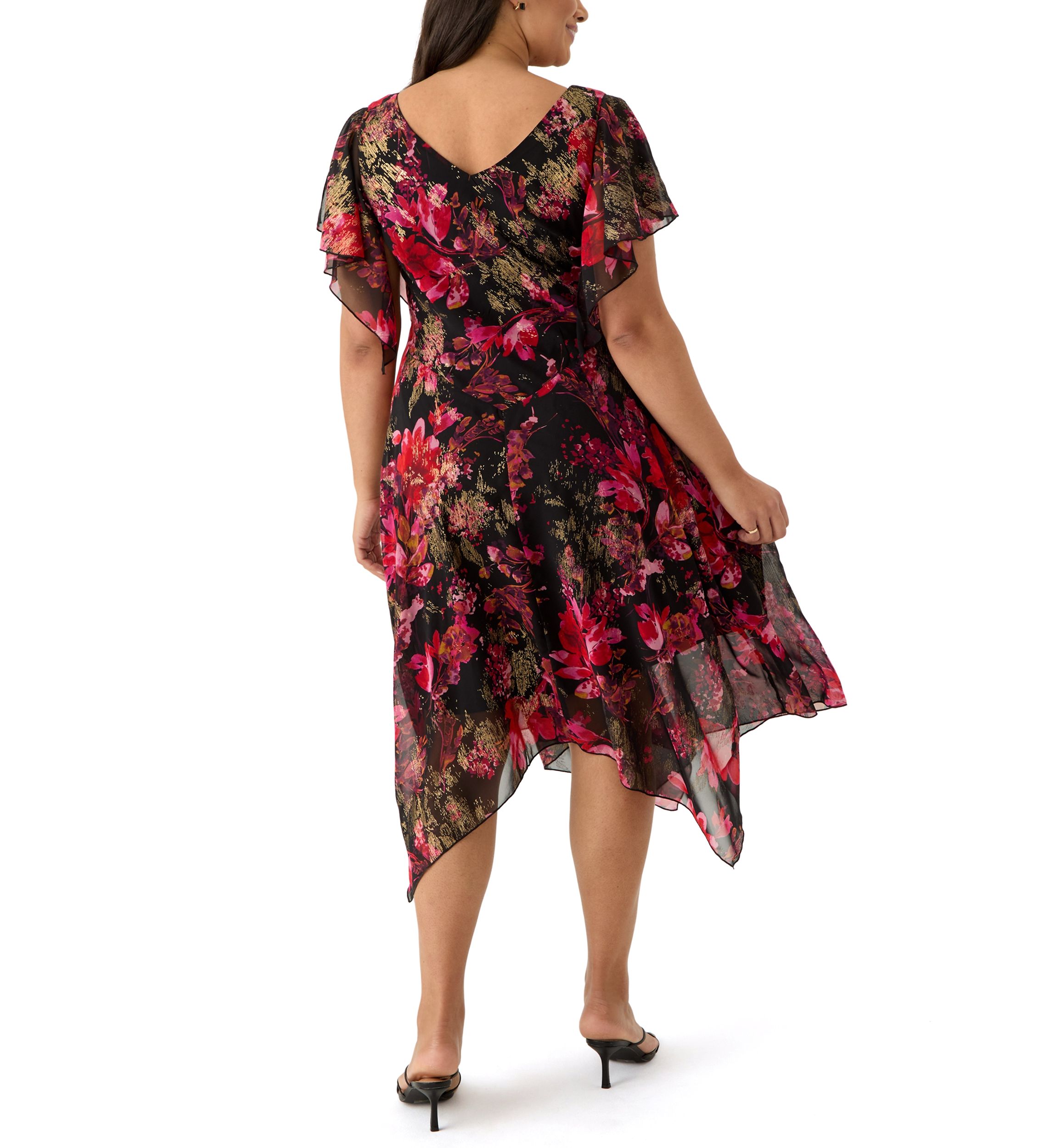 Plus Size Short Sleeve Cowl Neck Printed Chiffon A-Line Dress