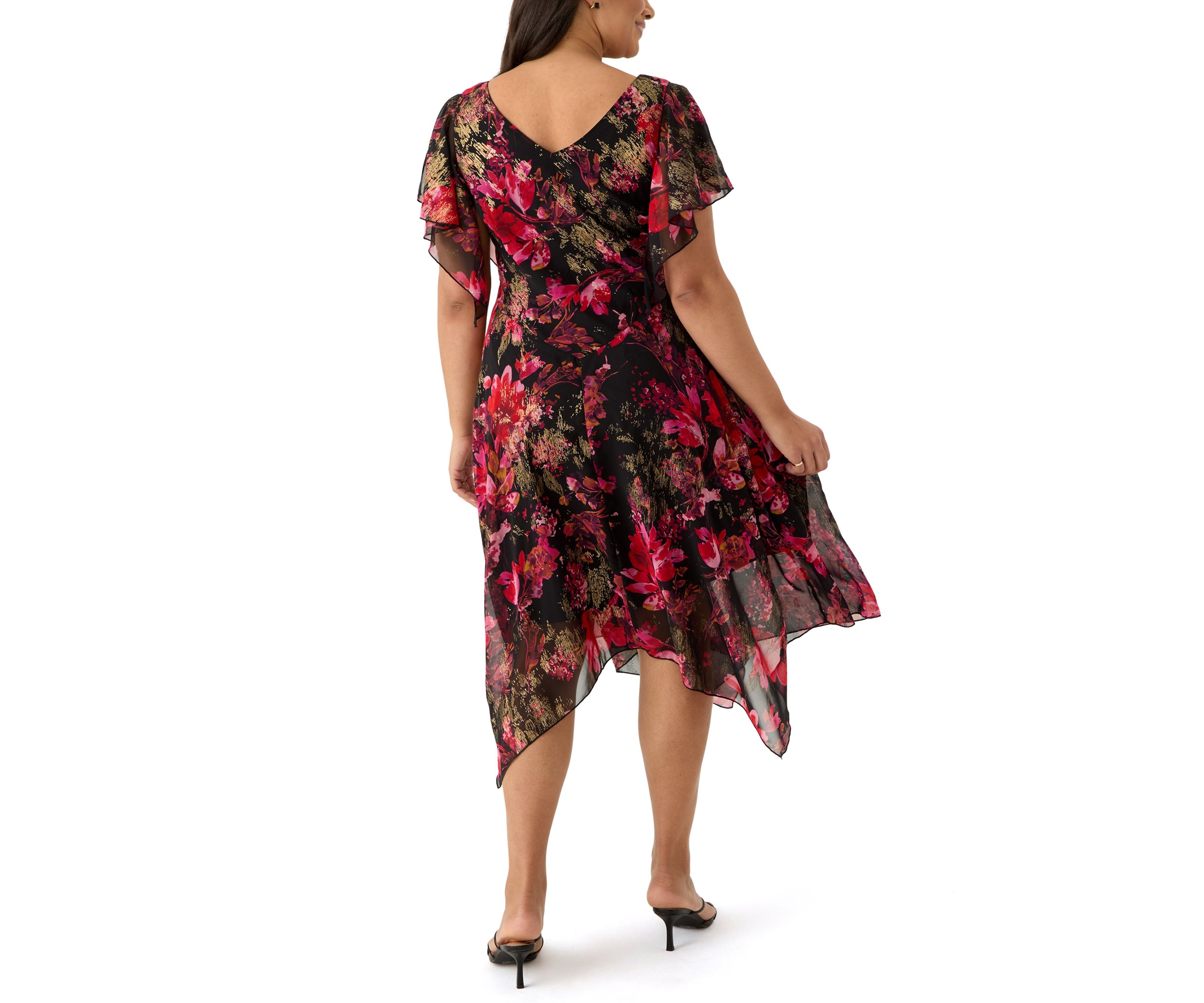 Plus Size Short Sleeve Cowl Neck Printed Chiffon A-Line Dress