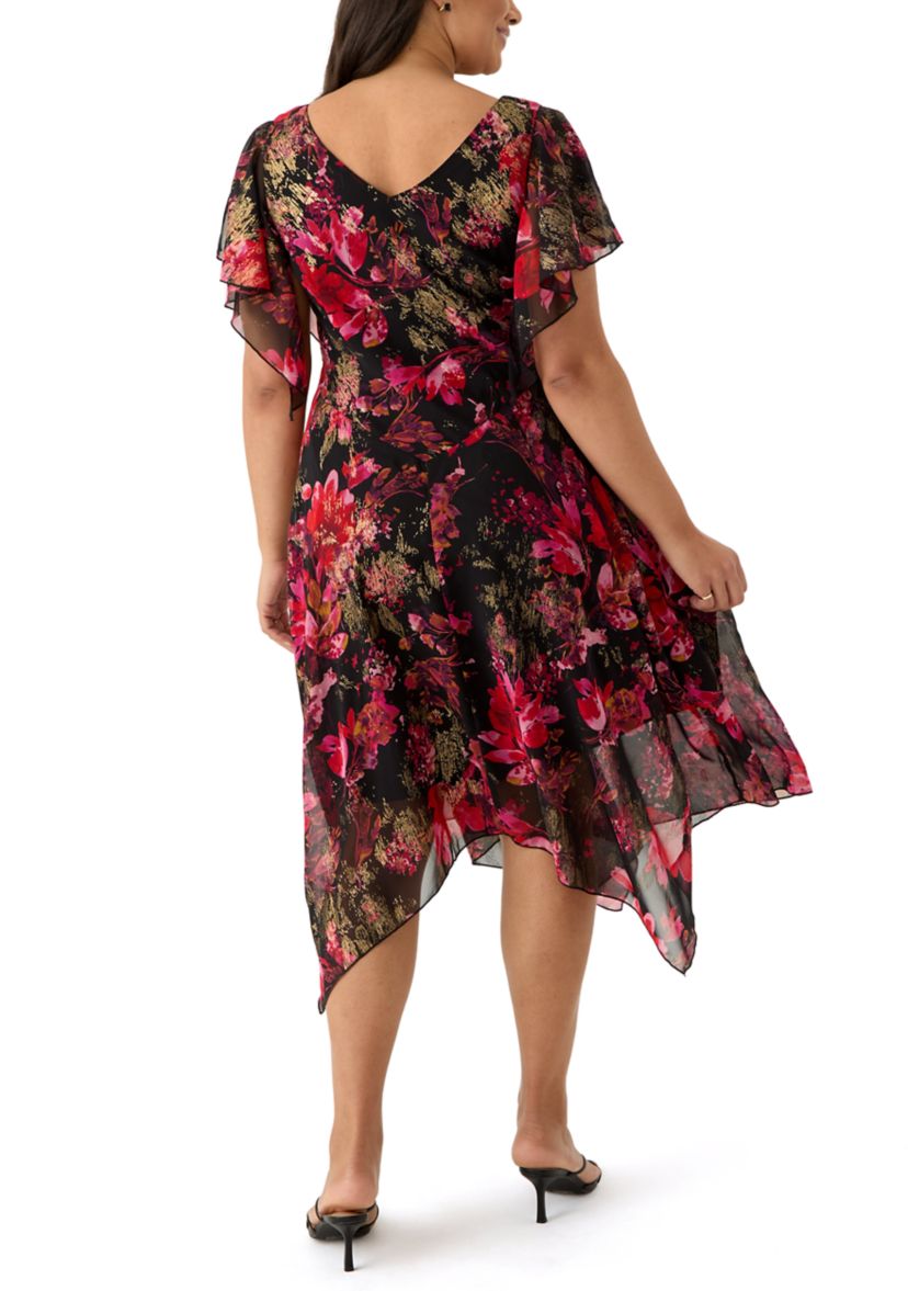 Plus Size Short Sleeve Cowl Neck Printed Chiffon A-Line Dress