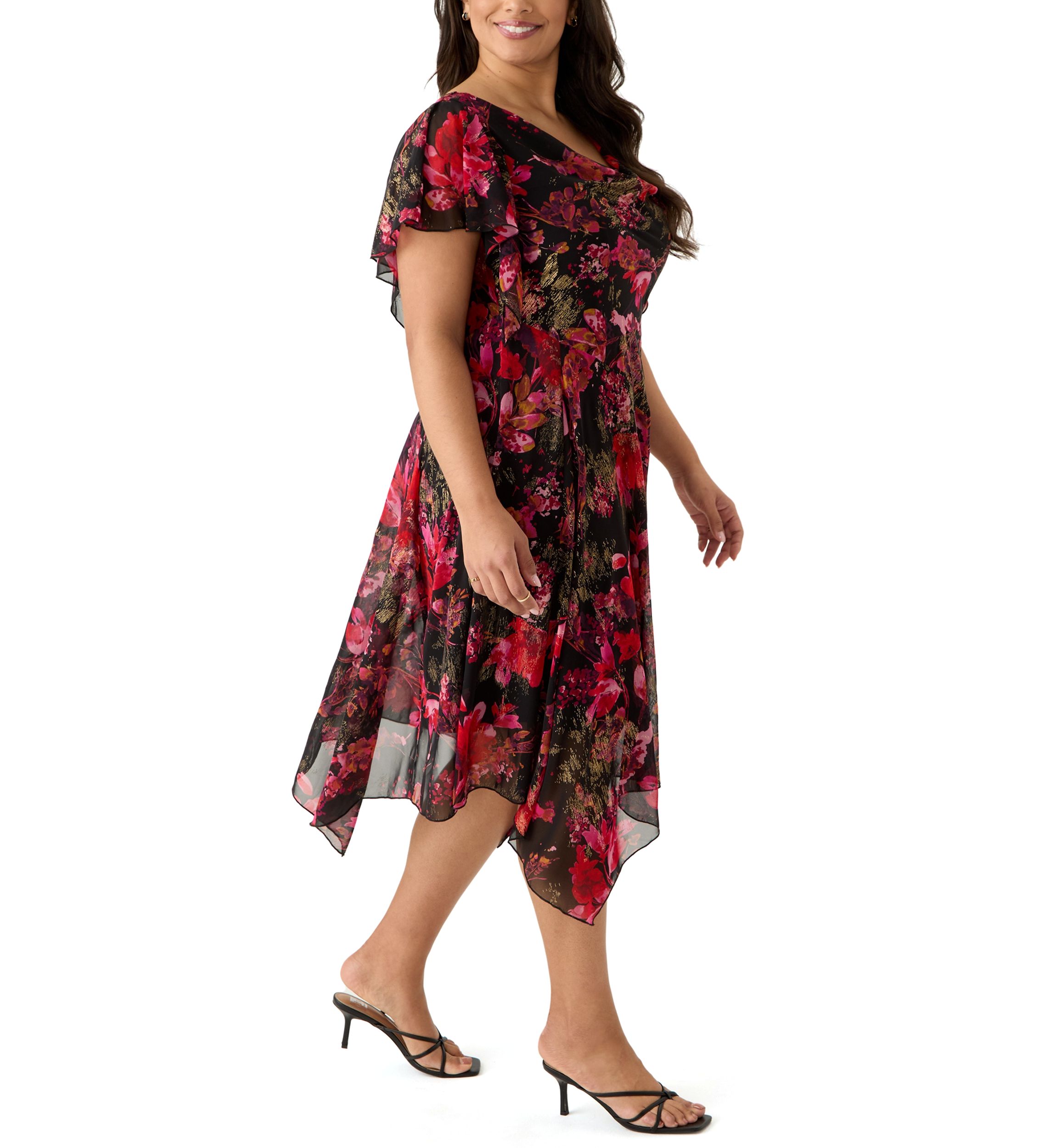 Plus Size Short Sleeve Cowl Neck Printed Chiffon A-Line Dress