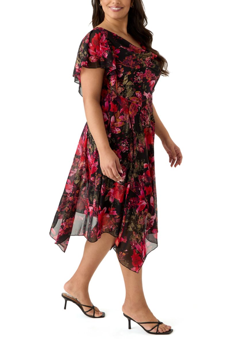 Plus Size Short Sleeve Cowl Neck Printed Chiffon A-Line Dress