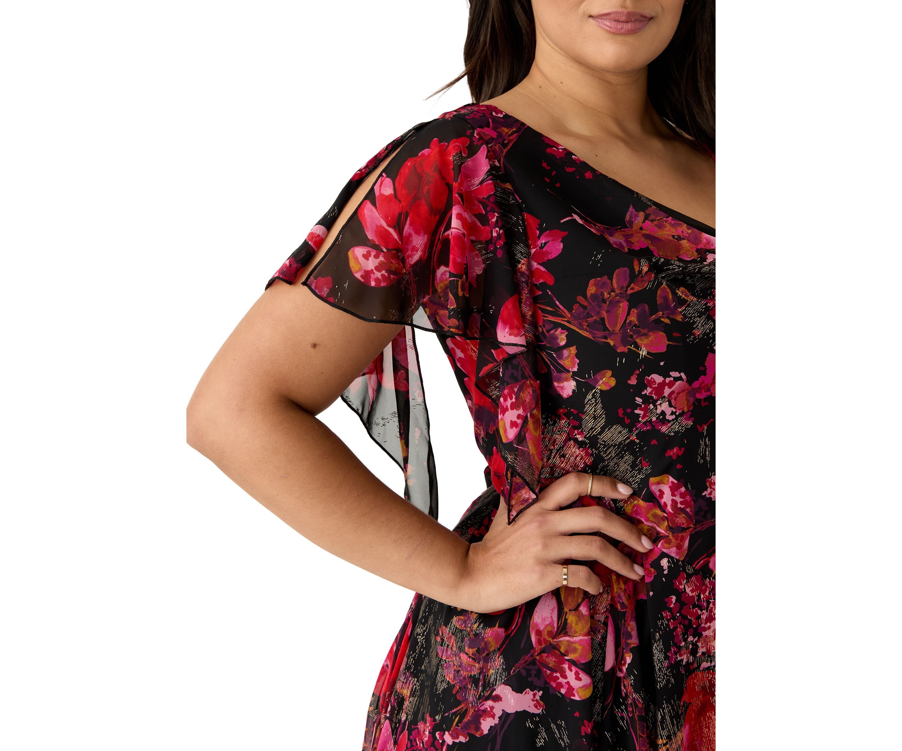 Plus Size Short Sleeve Cowl Neck Printed Chiffon A-Line Dress