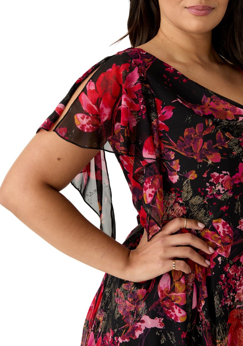 Plus Size Short Sleeve Cowl Neck Printed Chiffon A-Line Dress