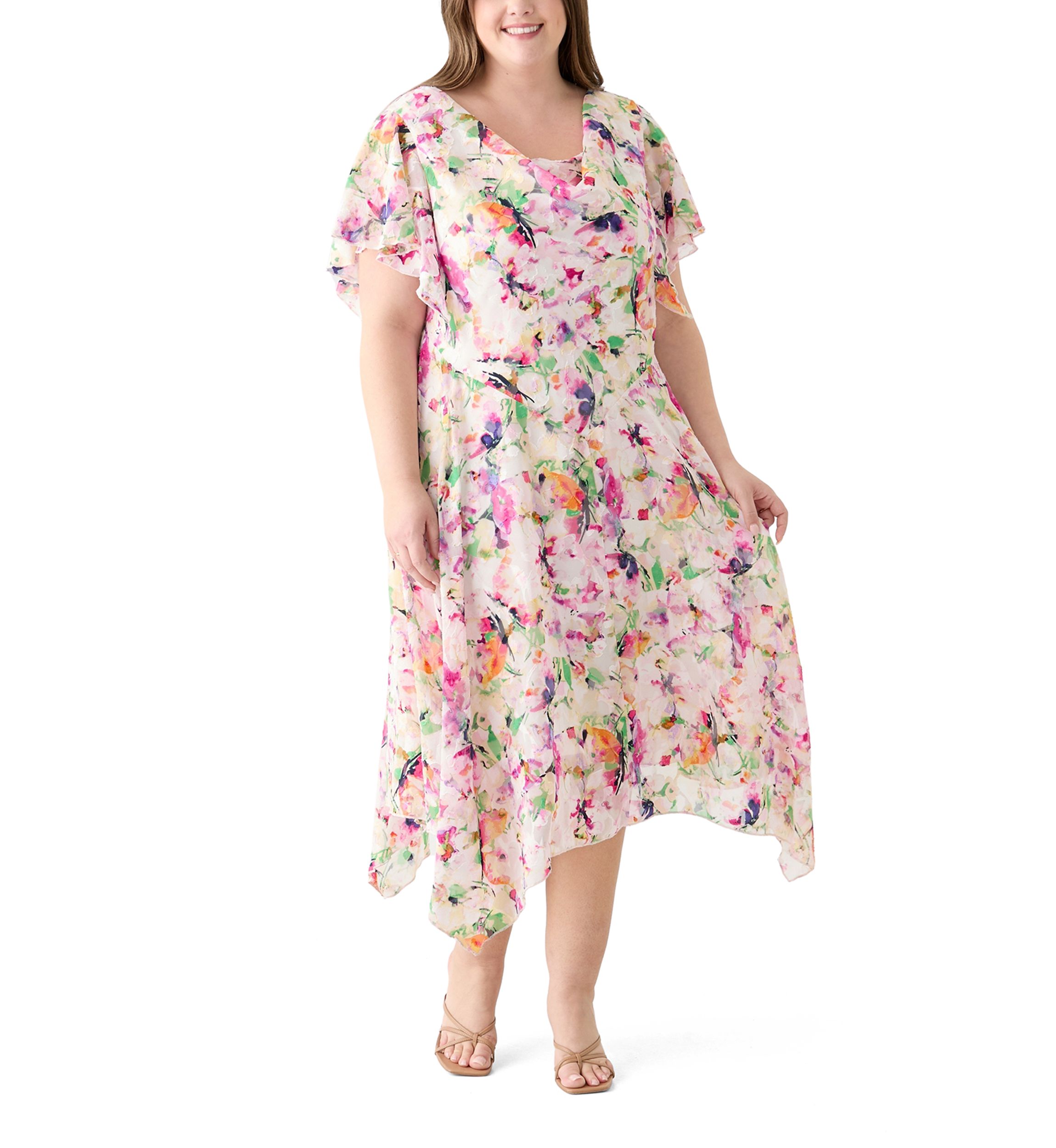 Plus Size Short Sleeve Cowl Neck Floral Print Chiffon A-Line Dress