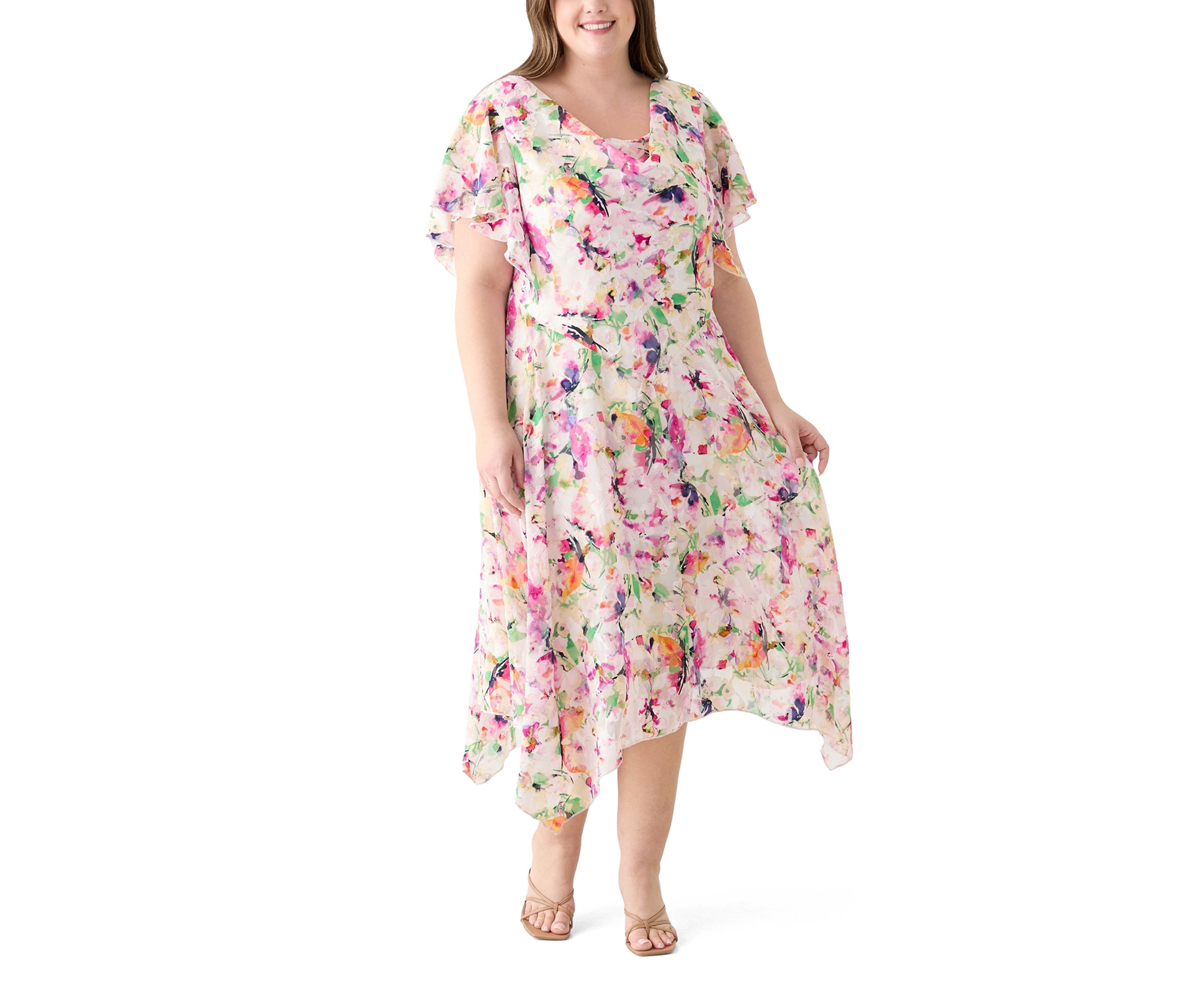Plus Size Short Sleeve Cowl Neck Floral Print Chiffon A-Line Dress