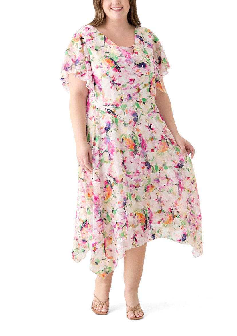 Plus Size Short Sleeve Cowl Neck Floral Print Chiffon A-Line Dress