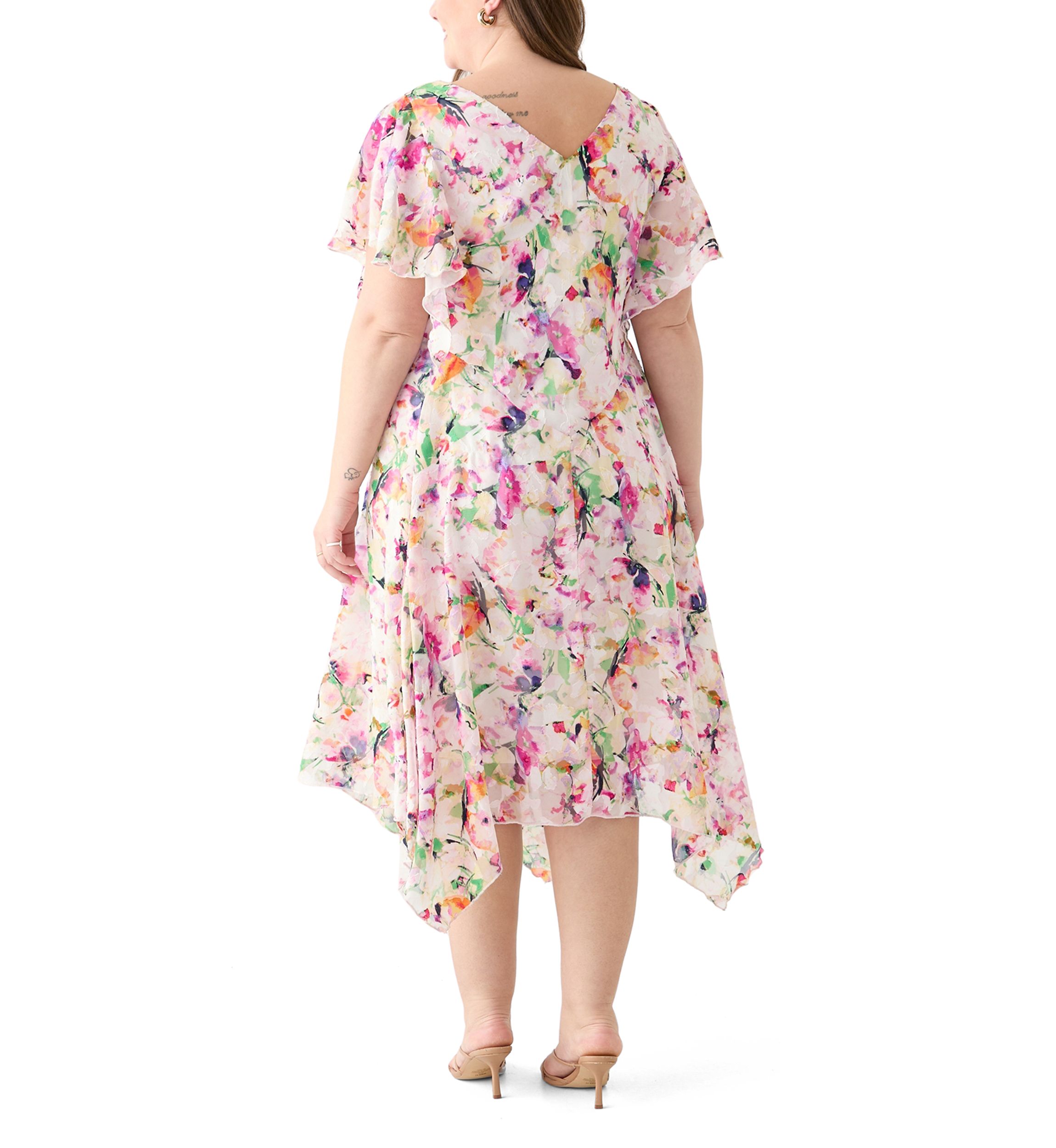 Plus Size Short Sleeve Cowl Neck Floral Print Chiffon A-Line Dress