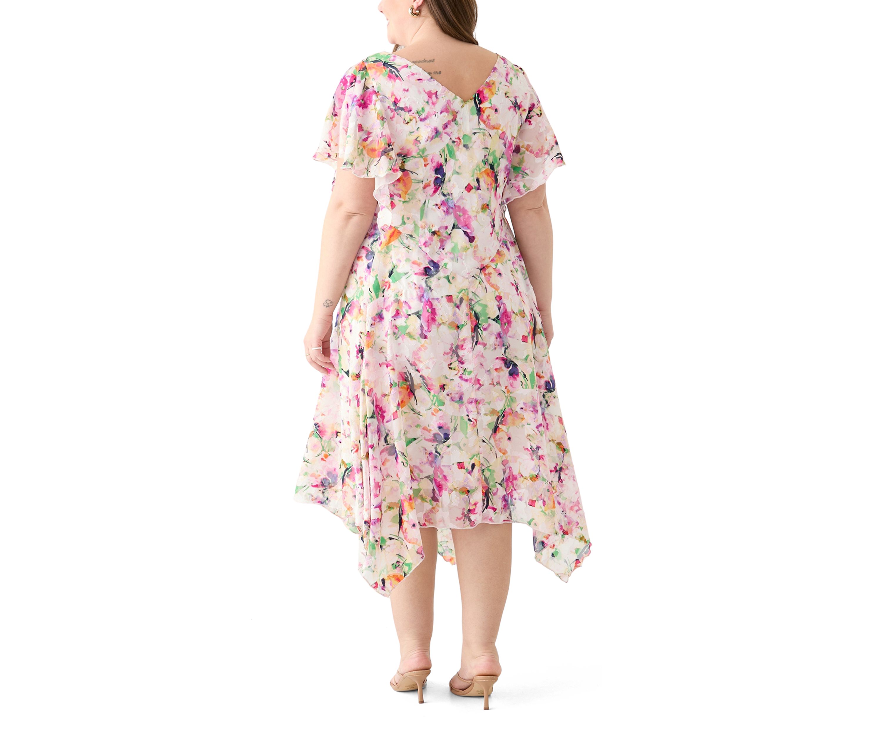 Plus Size Short Sleeve Cowl Neck Floral Print Chiffon A-Line Dress