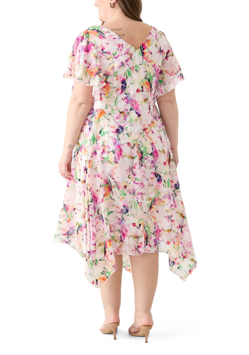 Plus Size Short Sleeve Cowl Neck Floral Print Chiffon A-Line Dress