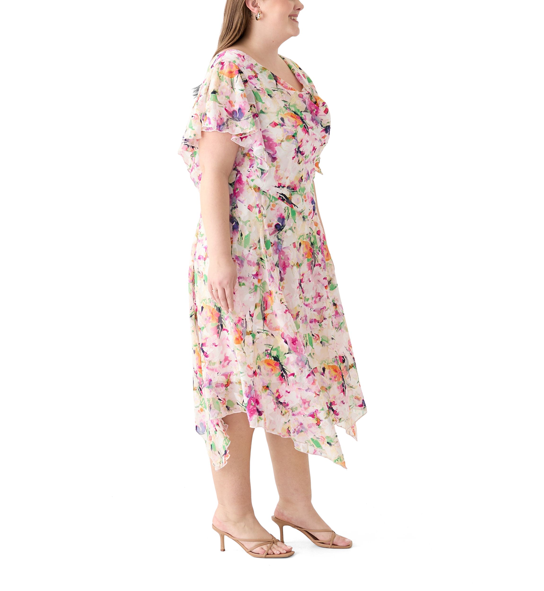 Plus Size Short Sleeve Cowl Neck Floral Print Chiffon A-Line Dress
