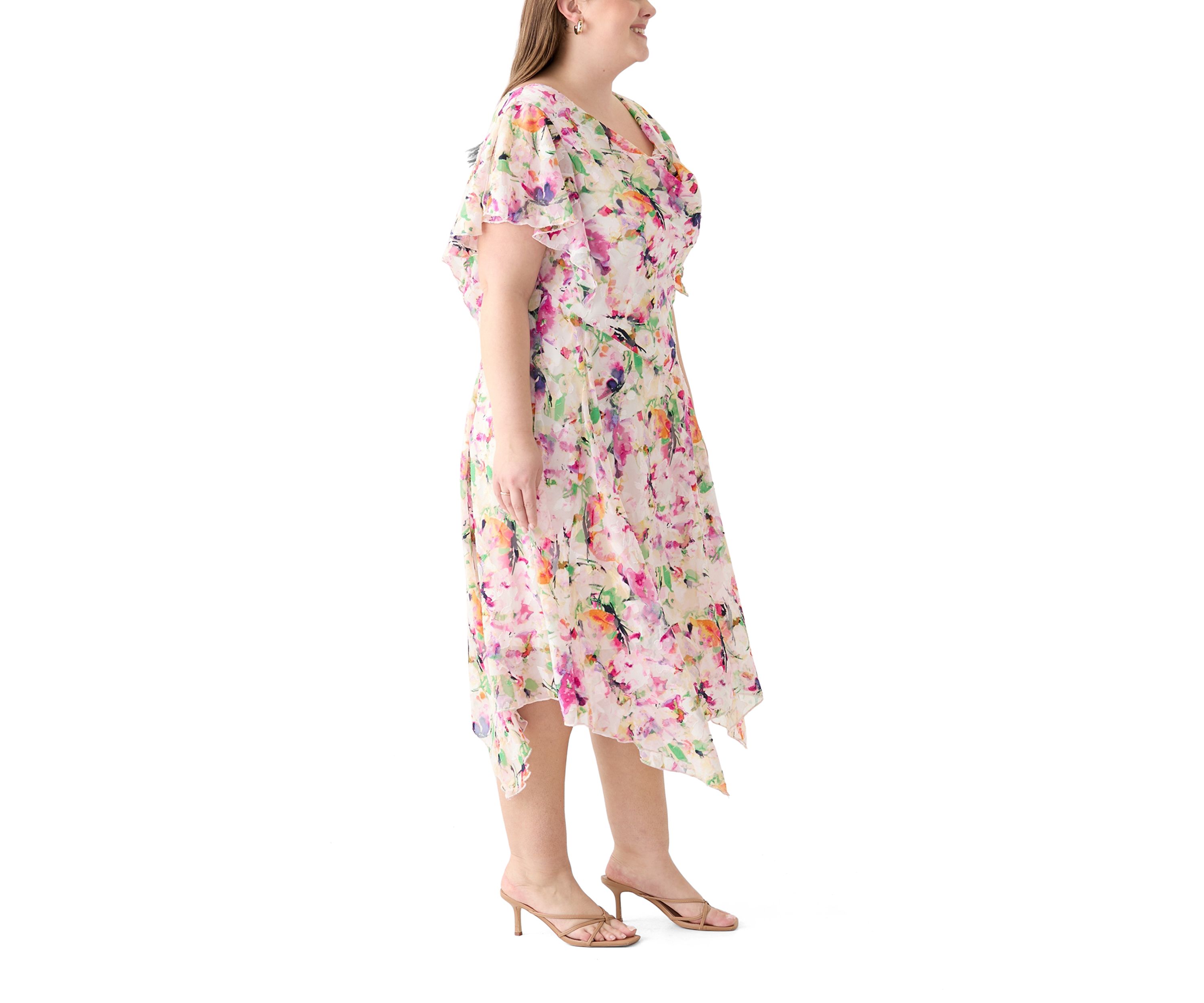 Plus Size Short Sleeve Cowl Neck Floral Print Chiffon A-Line Dress