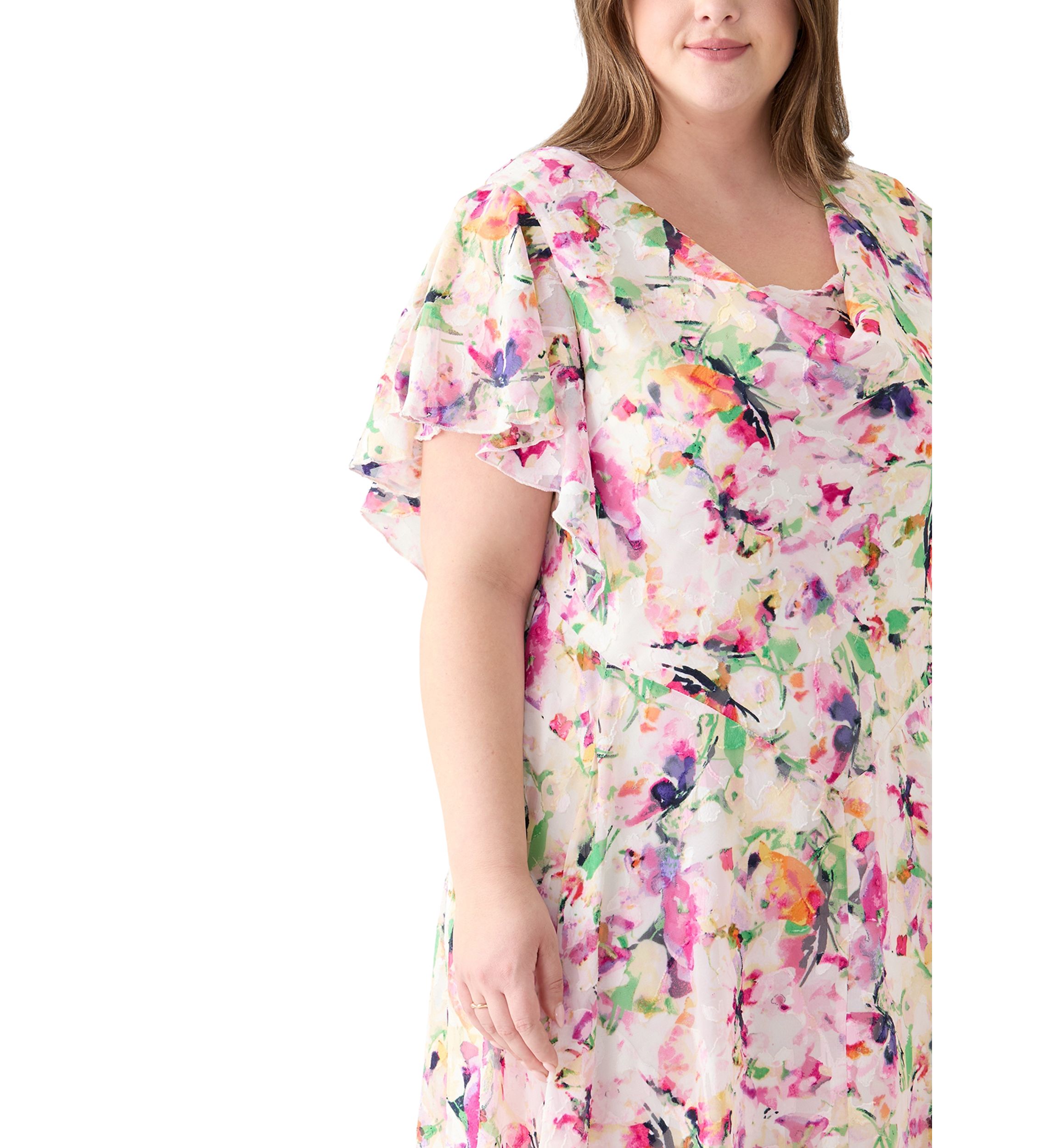 Plus Size Short Sleeve Cowl Neck Floral Print Chiffon A-Line Dress