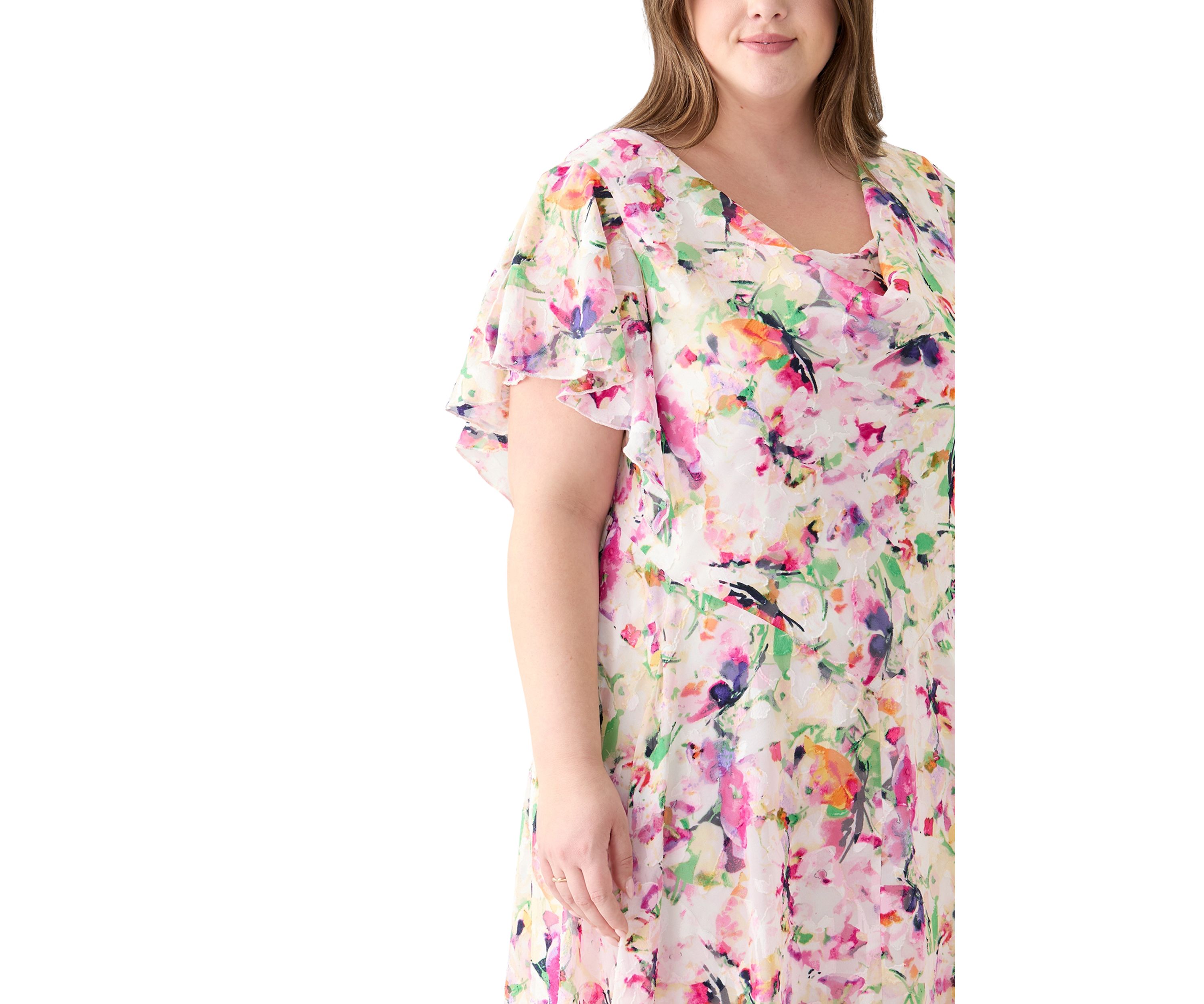 Plus Size Short Sleeve Cowl Neck Floral Print Chiffon A-Line Dress