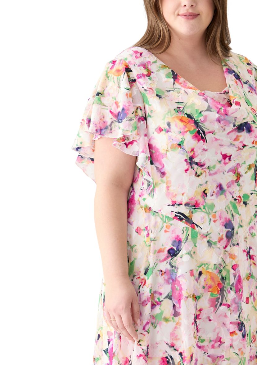 Plus Size Short Sleeve Cowl Neck Floral Print Chiffon A-Line Dress