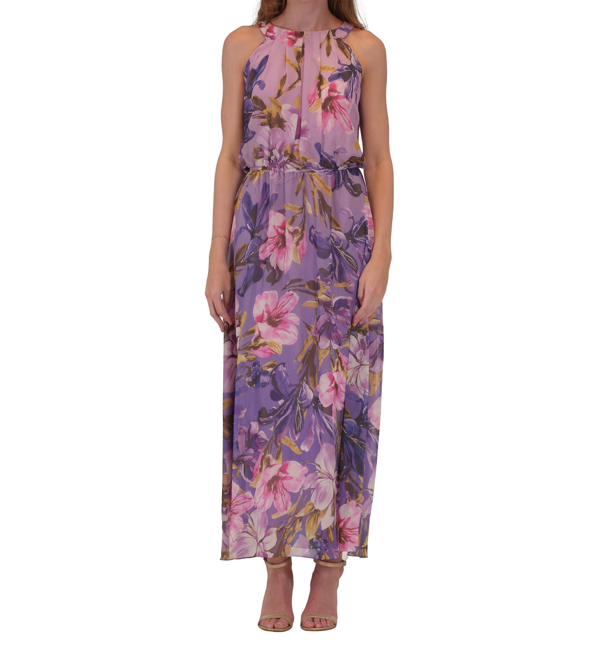Womens Sleeveless Halter Neck Floral Print Dress