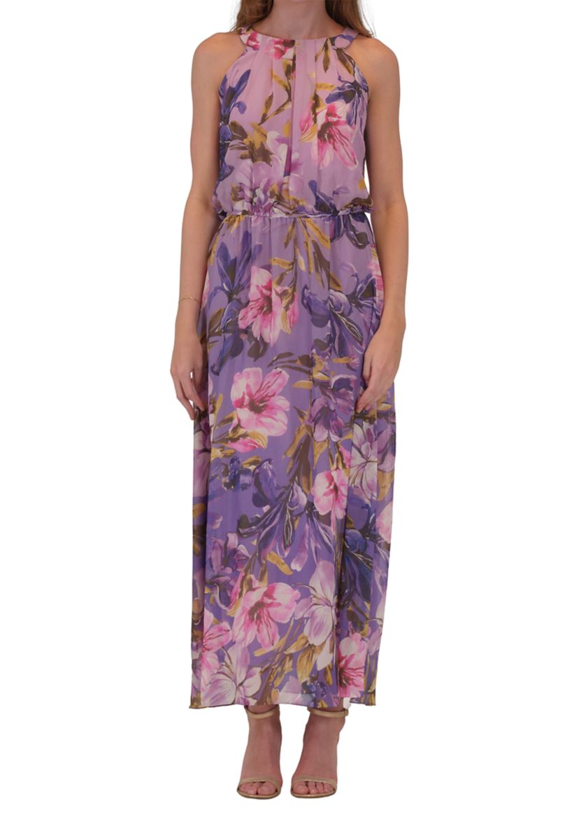 Womens Sleeveless Halter Neck Floral Print Dress
