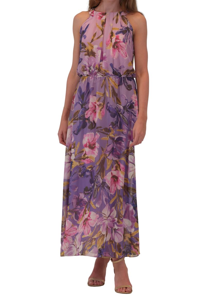 Womens Sleeveless Halter Neck Floral Print Dress