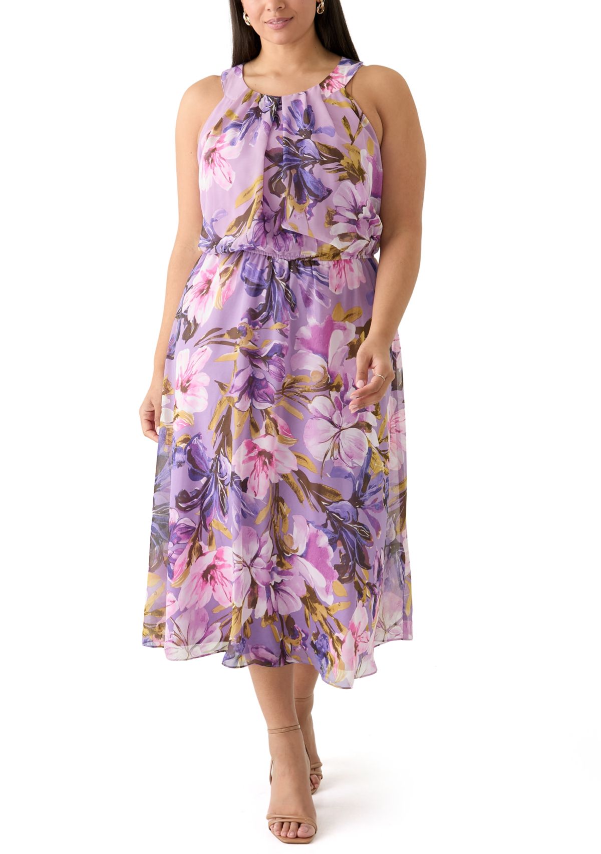 Plus Size Sleeveless Halter Neck Floral Chiffon Dress
