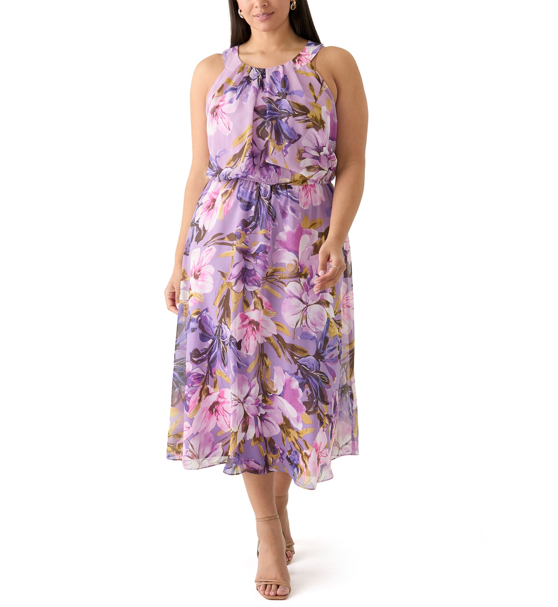 Plus Size Sleeveless Halter Neck Floral Chiffon Dress