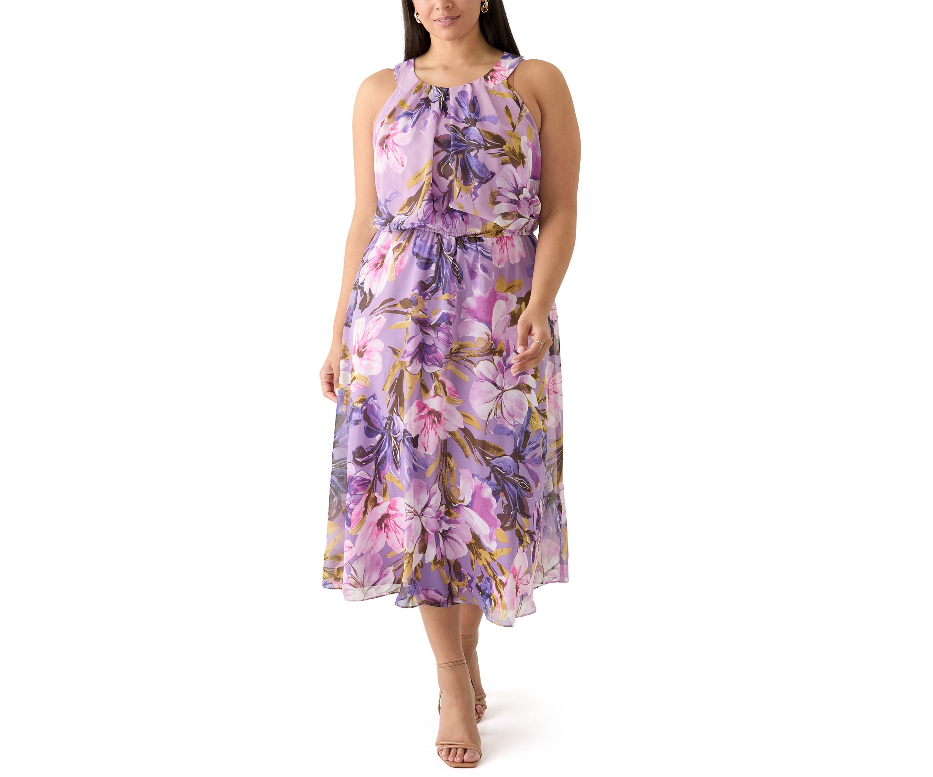 Plus Size Sleeveless Halter Neck Floral Chiffon Dress