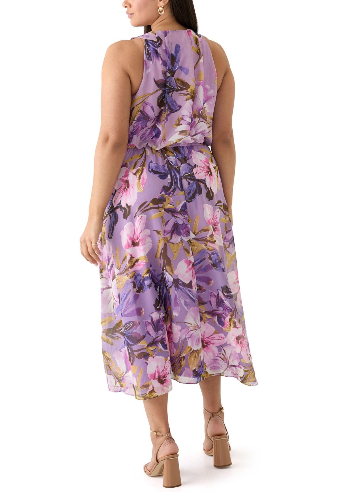 Plus Size Sleeveless Halter Neck Floral Chiffon Dress