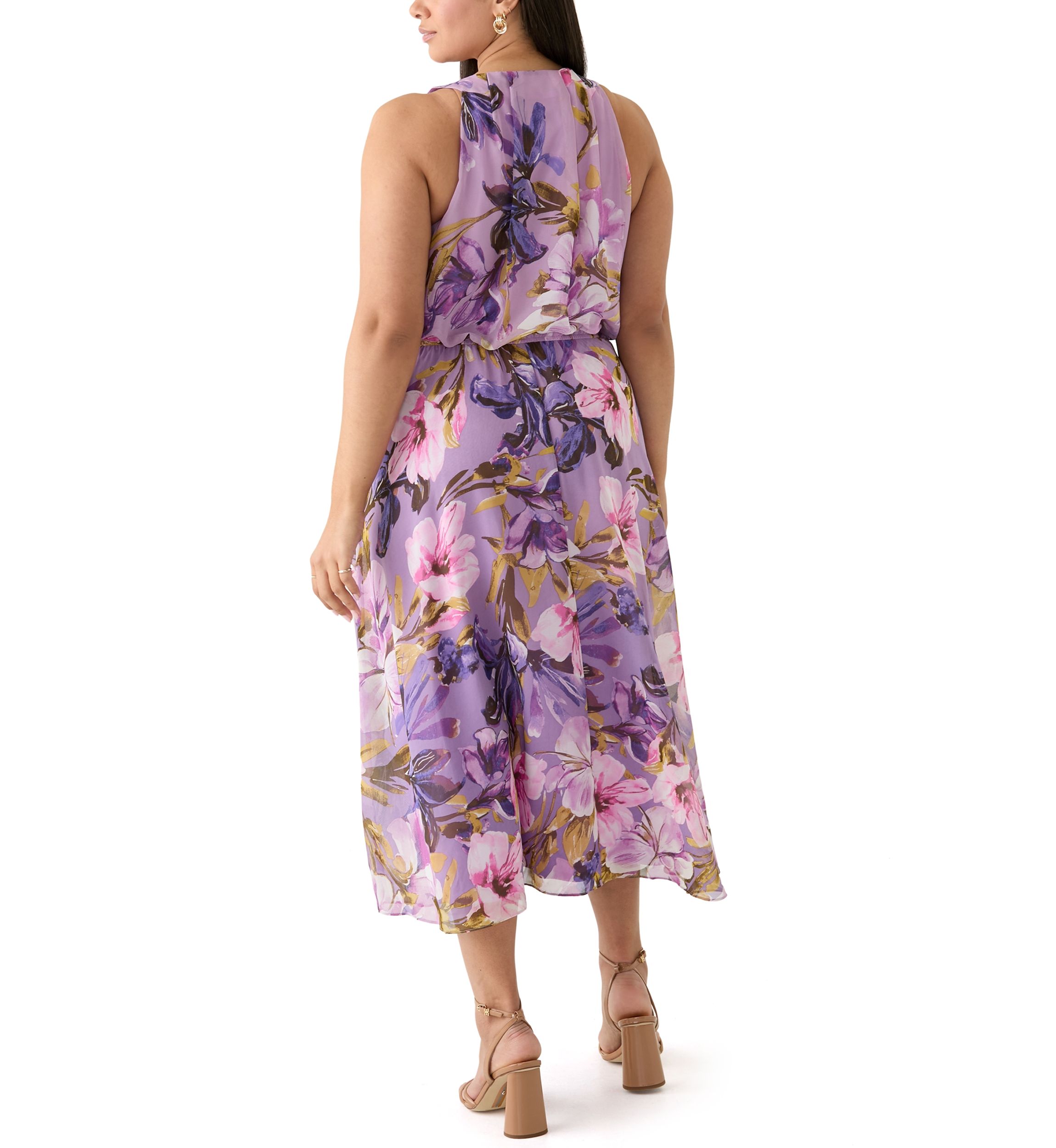 Plus Size Sleeveless Halter Neck Floral Chiffon Dress