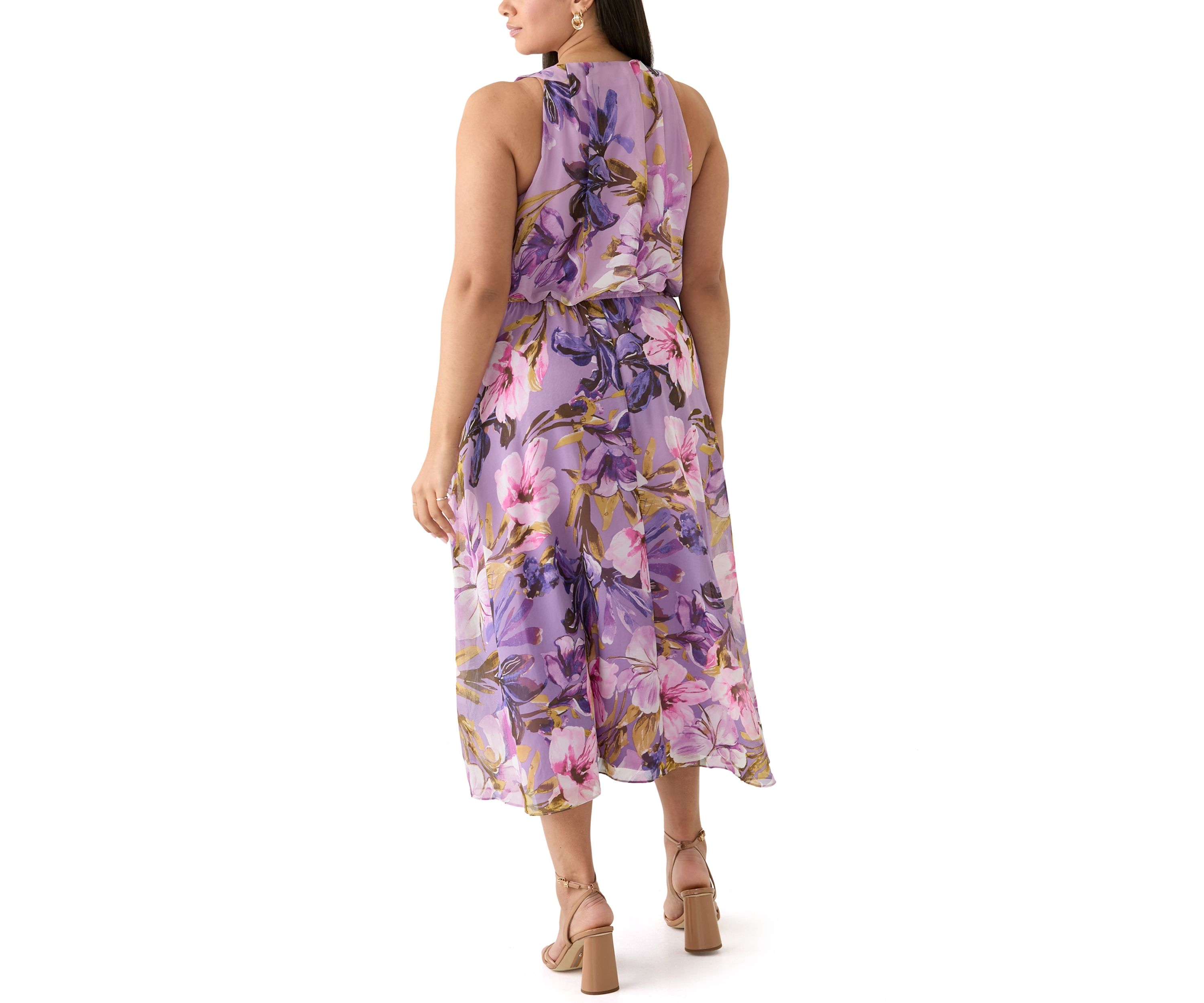 Plus Size Sleeveless Halter Neck Floral Chiffon Dress