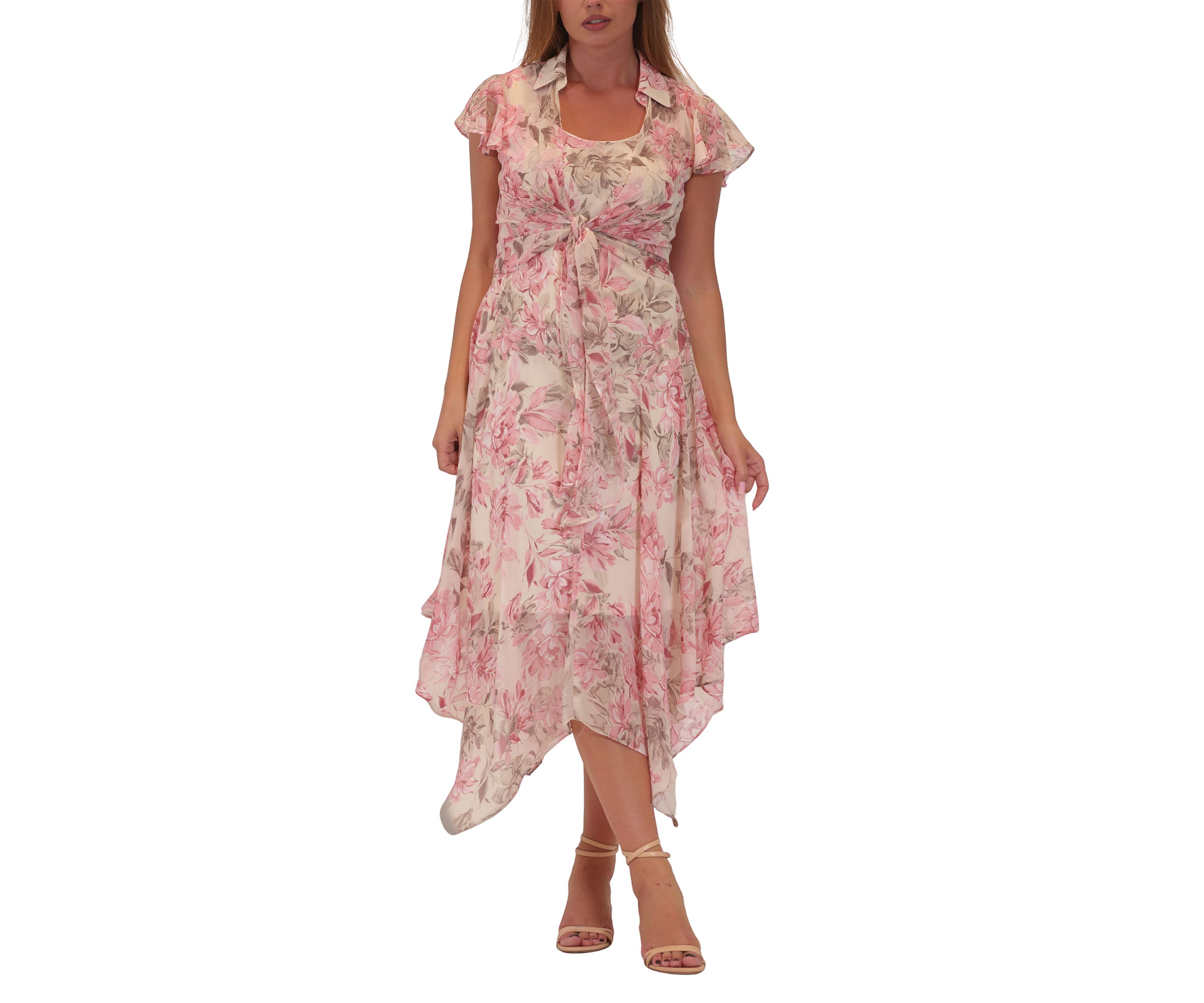 Womens Short Sleeve Crew Neck Floral Print Chiffon Jacket Dress
