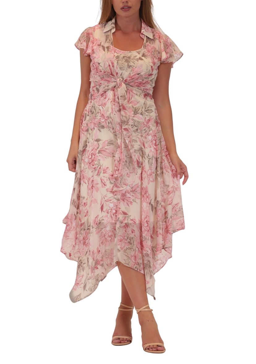 Womens Short Sleeve Crew Neck Floral Print Chiffon Jacket Dress
