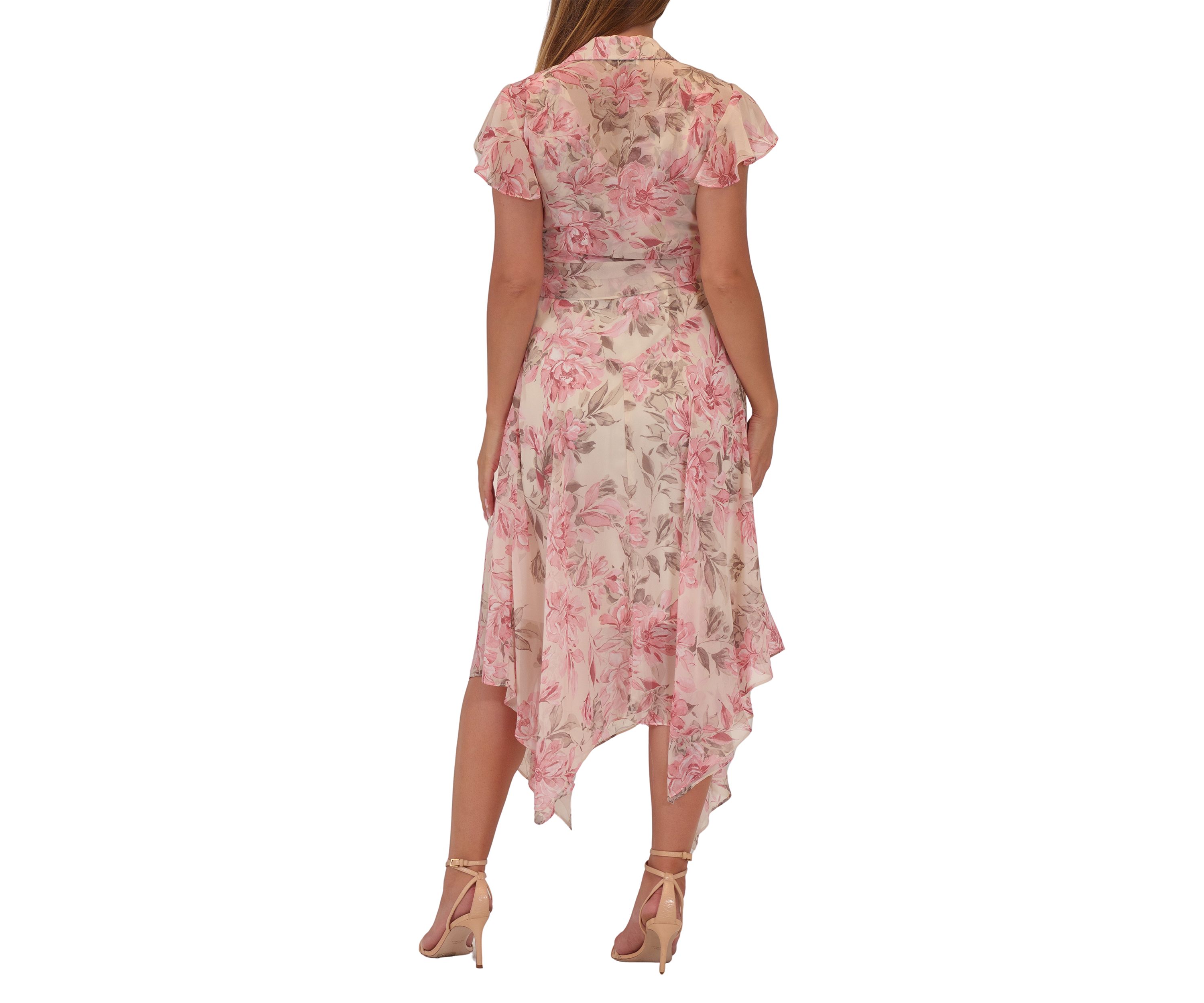 Womens Short Sleeve Crew Neck Floral Print Chiffon Jacket Dress