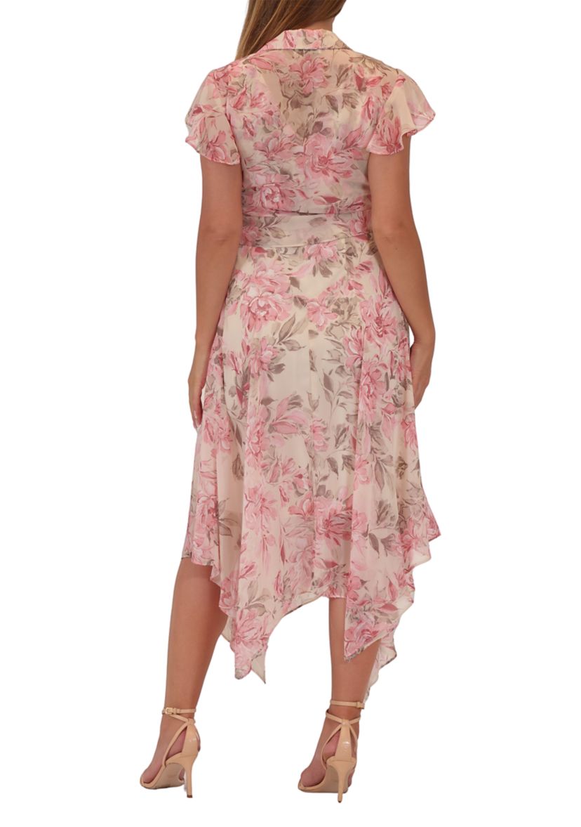 Womens Short Sleeve Crew Neck Floral Print Chiffon Jacket Dress