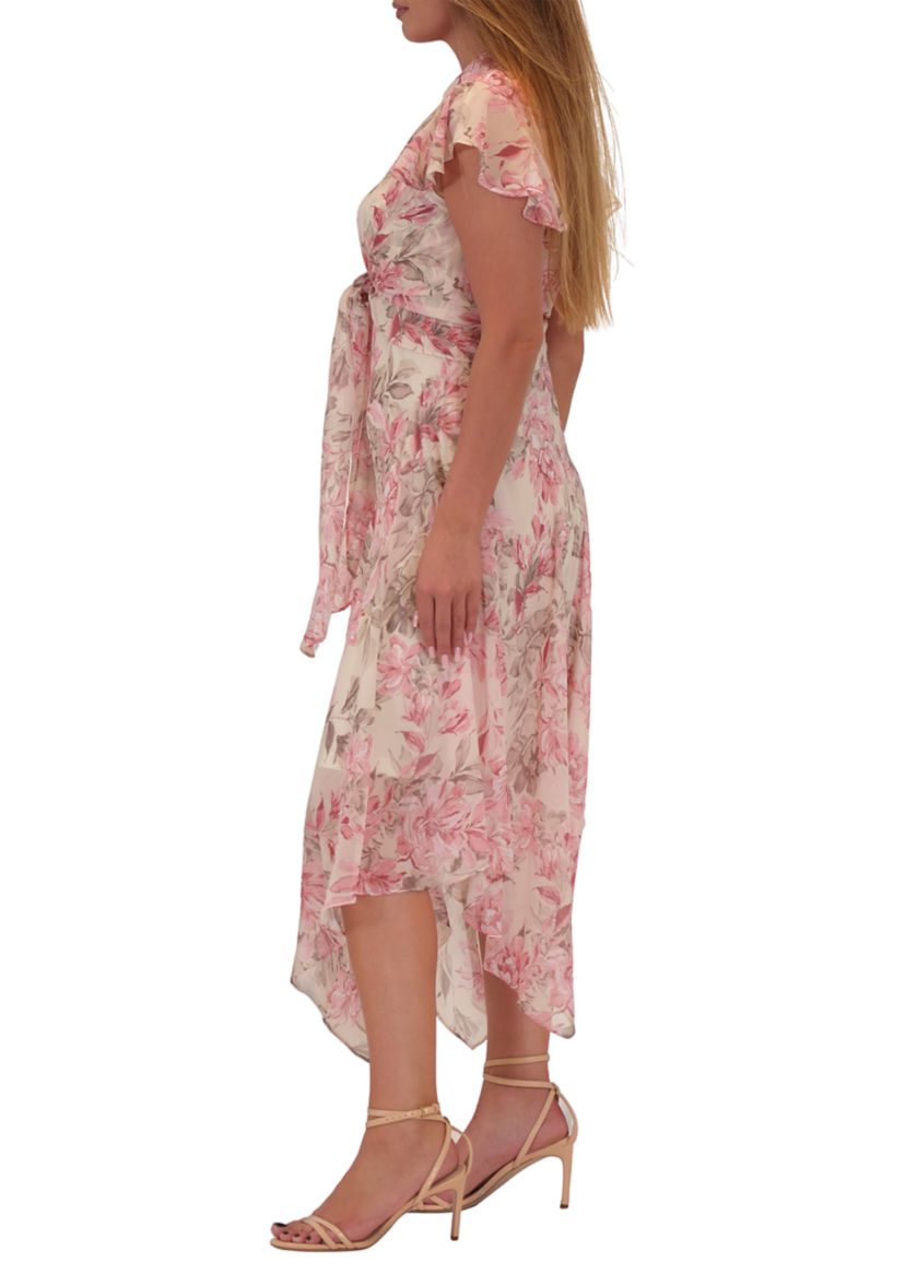 Womens Short Sleeve Crew Neck Floral Print Chiffon Jacket Dress