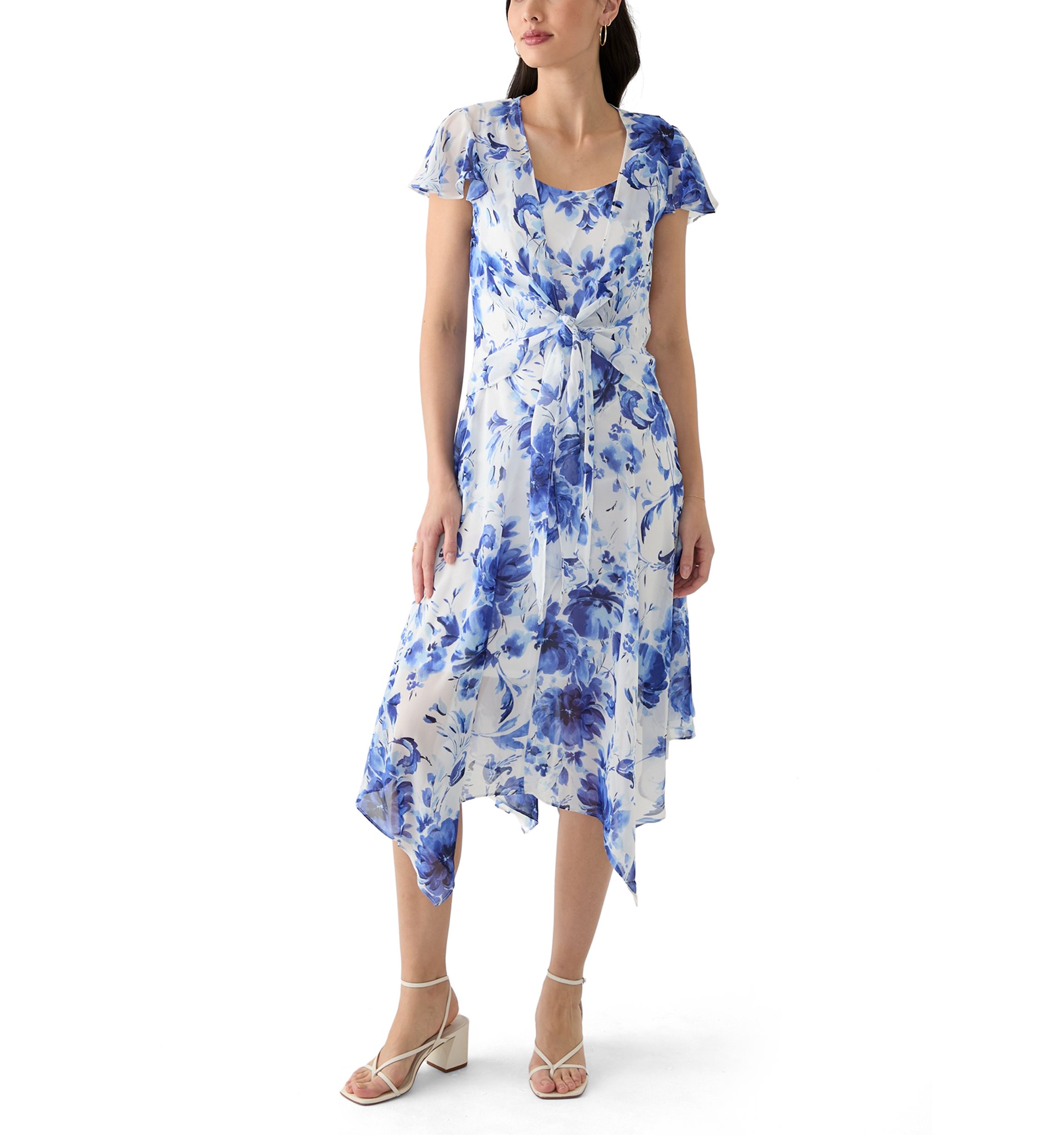 Womens Printed Scoop Neck Chiffon Jacket Dress