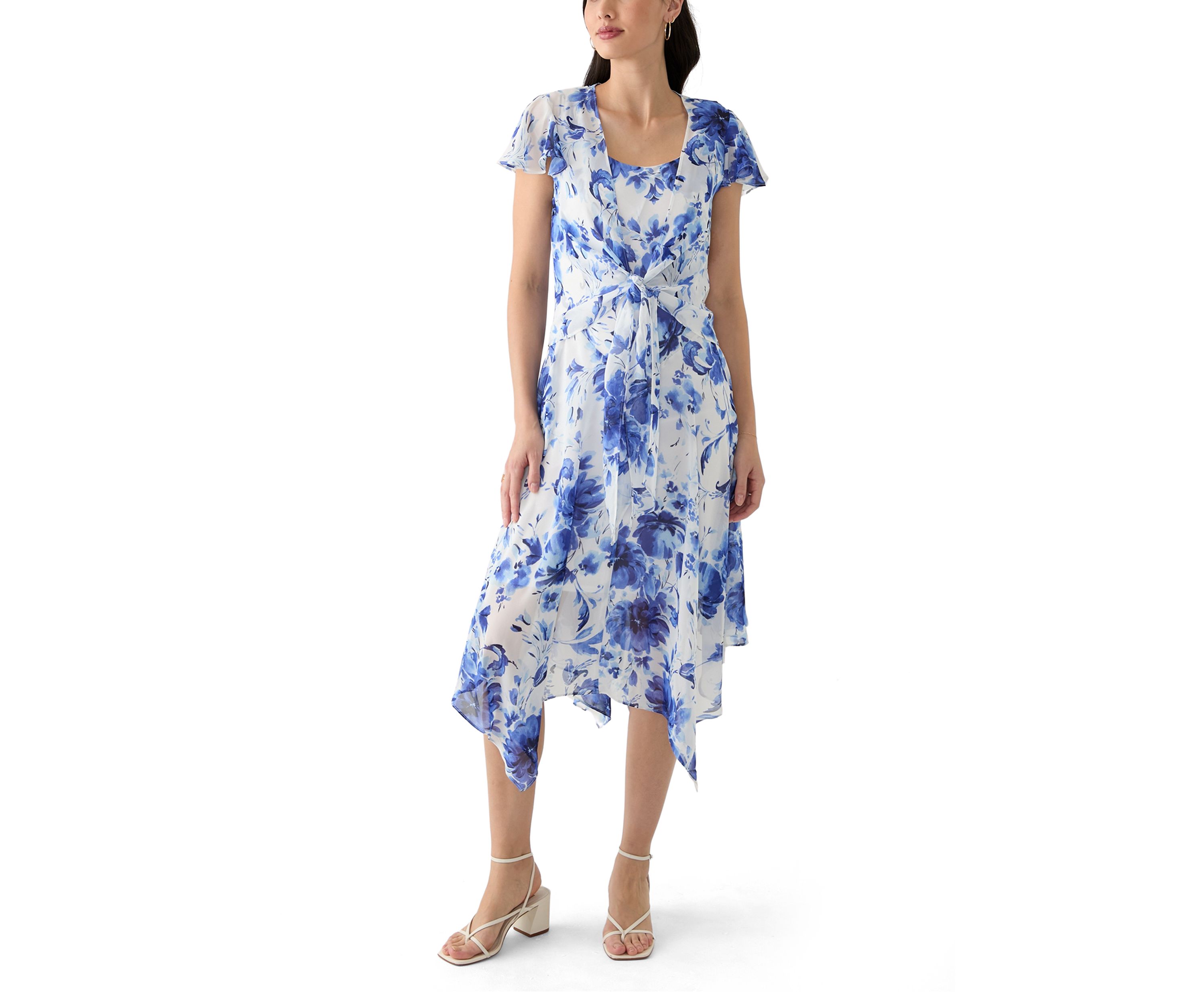 Womens Printed Scoop Neck Chiffon Jacket Dress