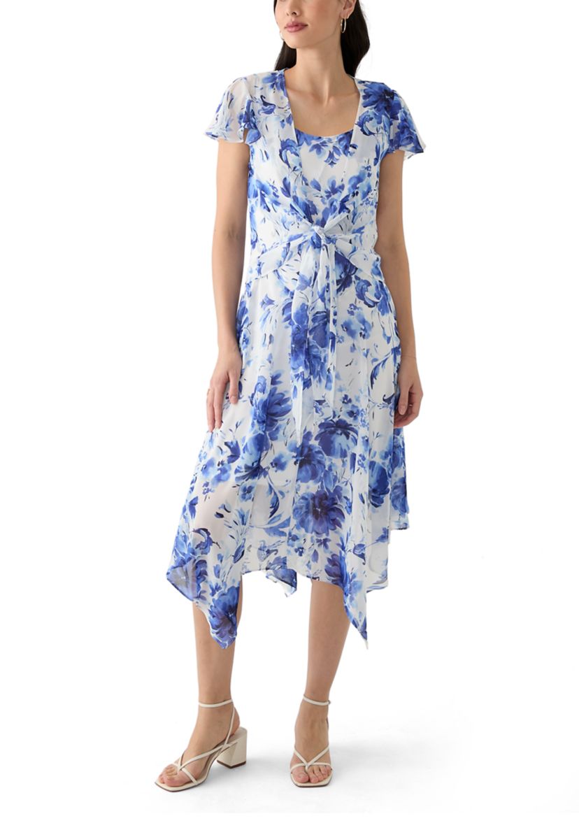 Womens Printed Scoop Neck Chiffon Jacket Dress